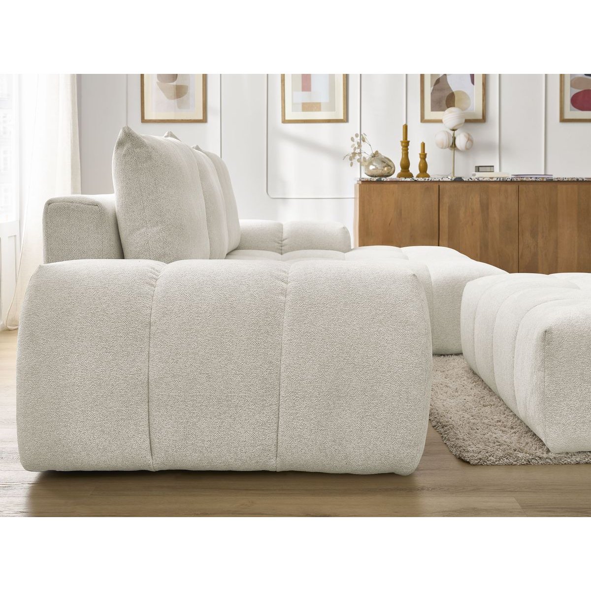 Canapé d'angle convertible 4 places en tissu chiné avec pouf, EVEREST blanc, BOBOCHIC