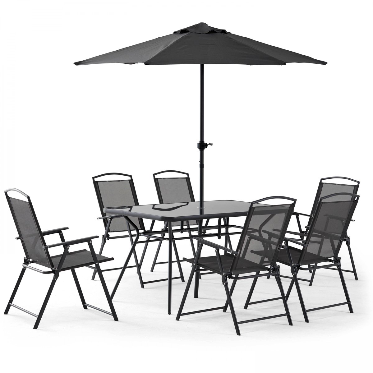 Salon de jardin table et 6 chaises avec parasol, BORMES gris anthracite, OVIALA