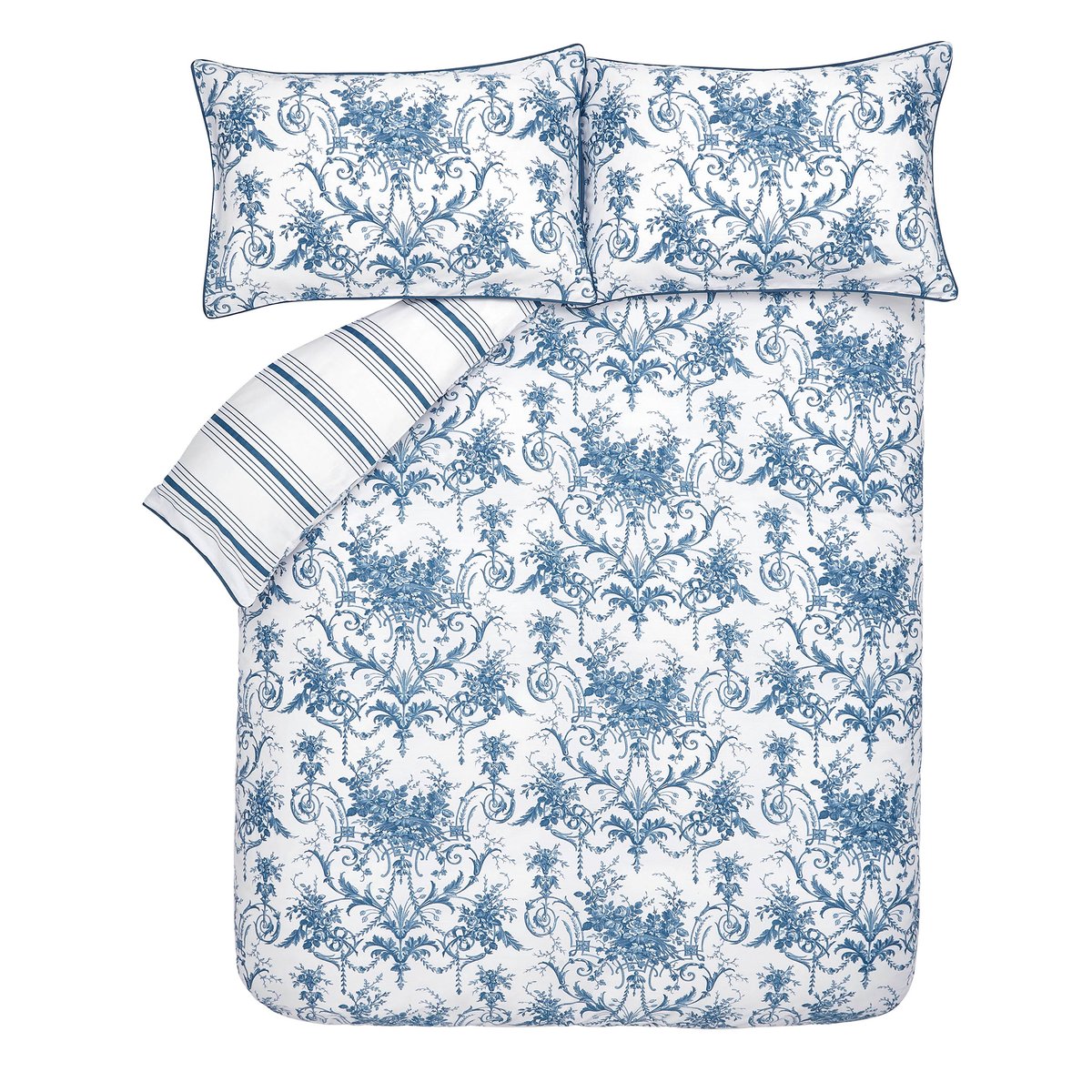 Parure de lit fleurie baroque Tuilerie, housse de couette + 2 taies pour lit en 140 bleu, blanc, LAURA ASHLEY