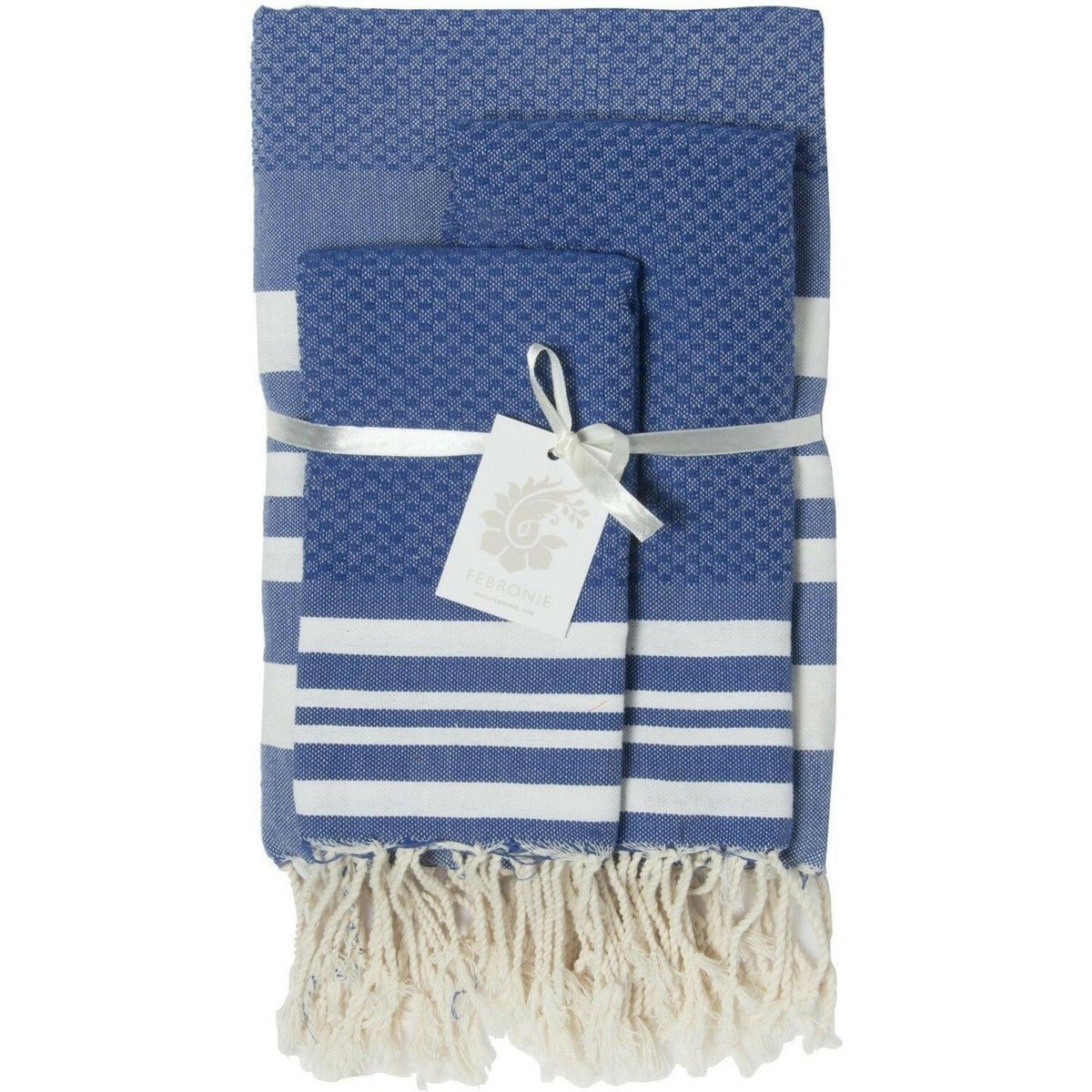 Foutas de bain (1+2) coton HAMPTONS bleu grec / blanc, FEBRONIE