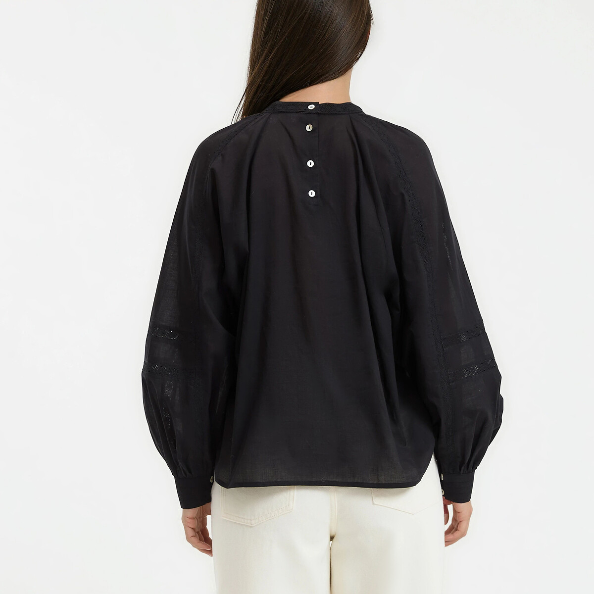 Blusa com gola redonda, voile de algodão e bordados preto , LA REDOUTE COLLECTIONS