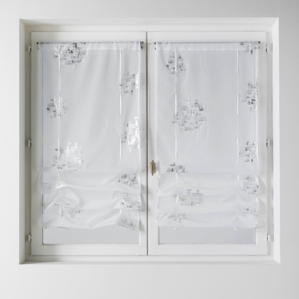 Paire de petits voilages à remonter imprimés argentés blanc, HOME MAISON