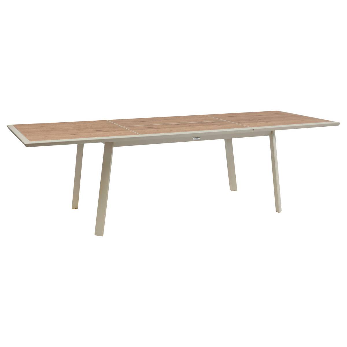 Table de jardin extensible 10 places en aluminium et verre effet bois PAVANE argile, HESPERIDE