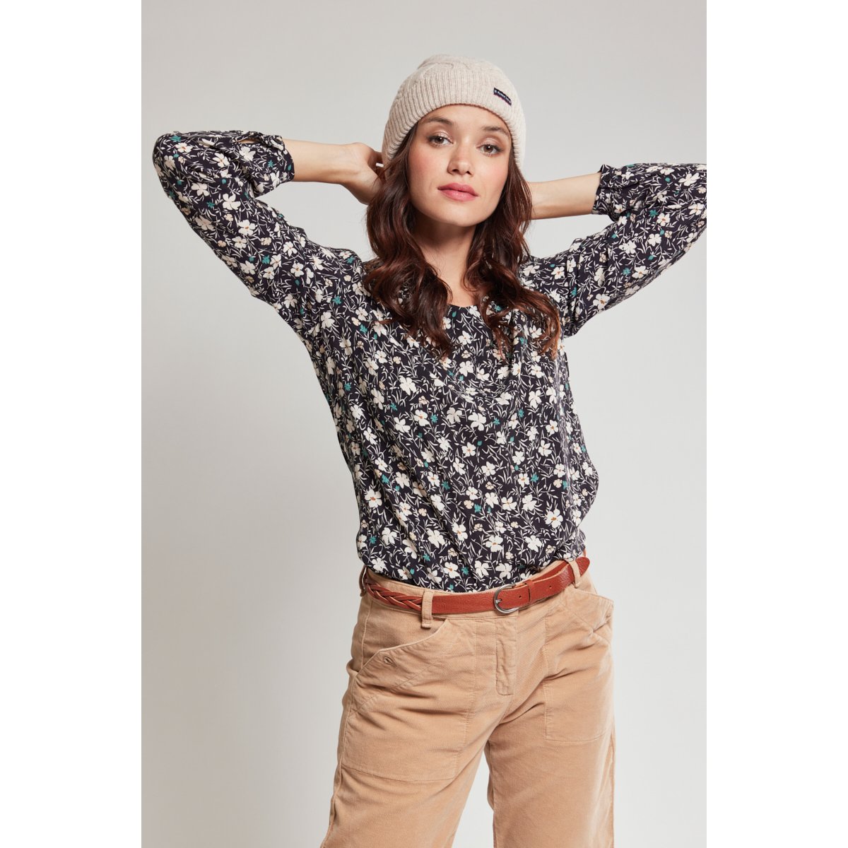 Blouse imprimé champêtre en cupro imprimé champêtre noir, ARMOR-LUX