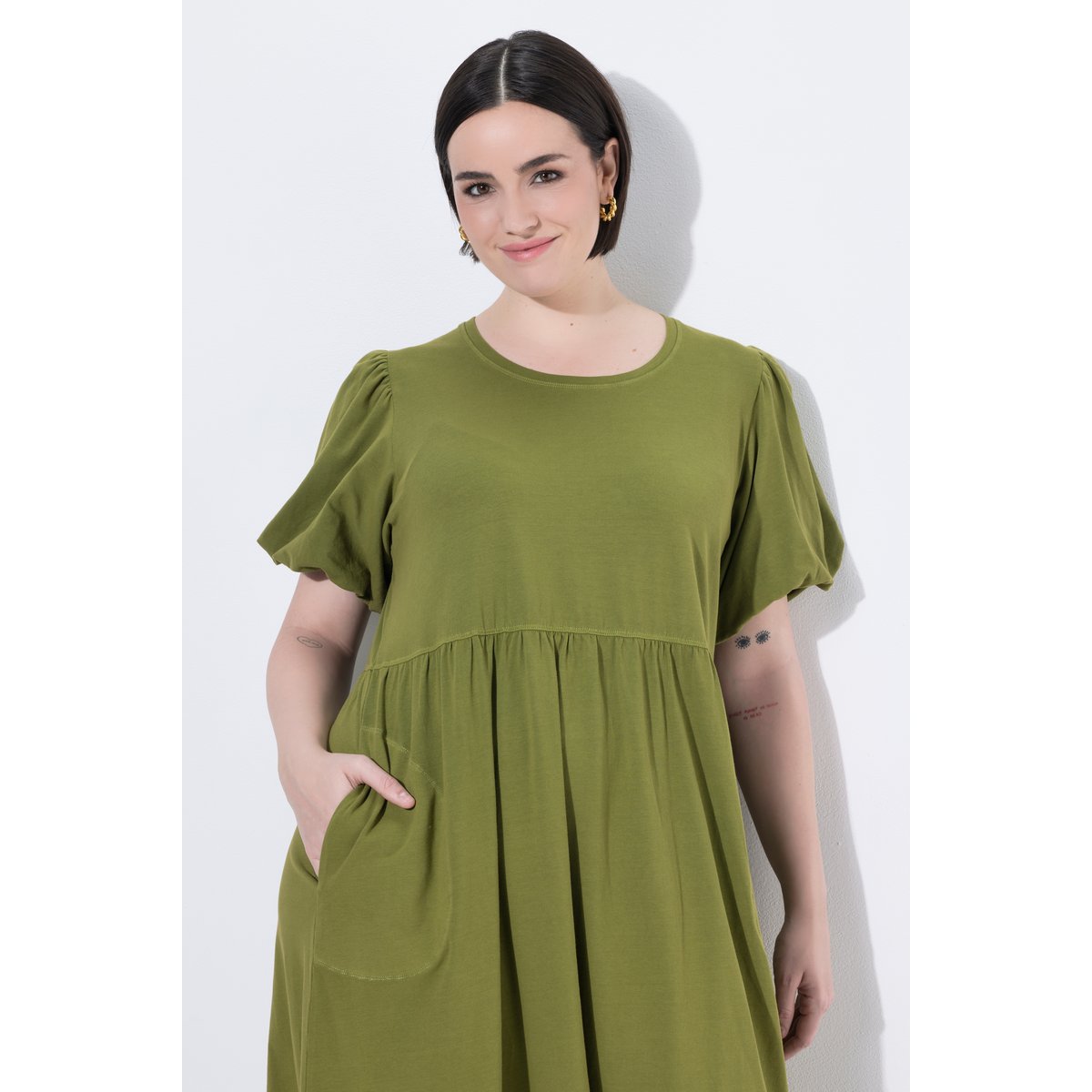 Robe longue, coupe A, col rond olive, ULLA POPKEN