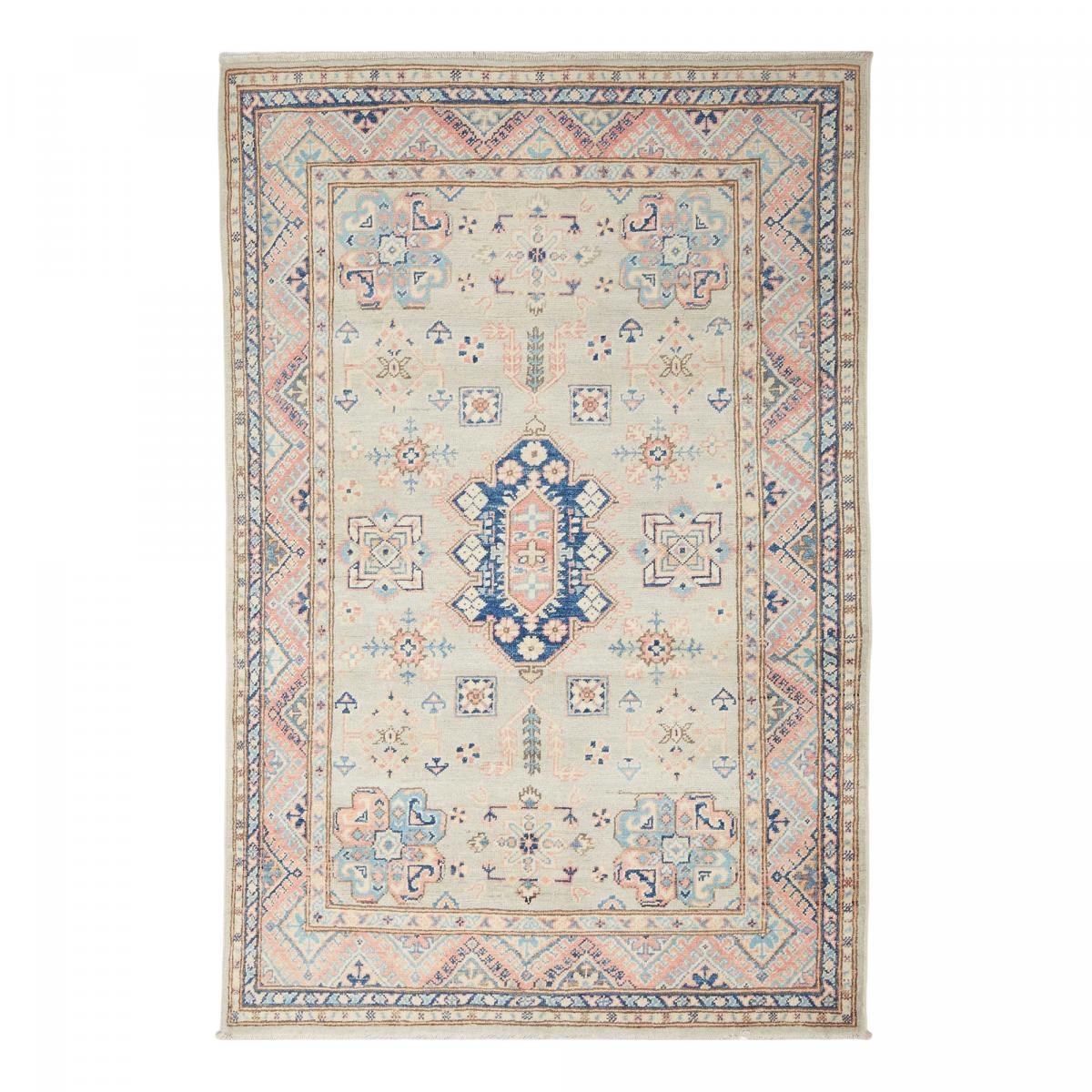 Tapis salon géométrique, noué main en laine, KAZAK CO 56 crème, bleu, rose, UN AMOUR DE TAPIS