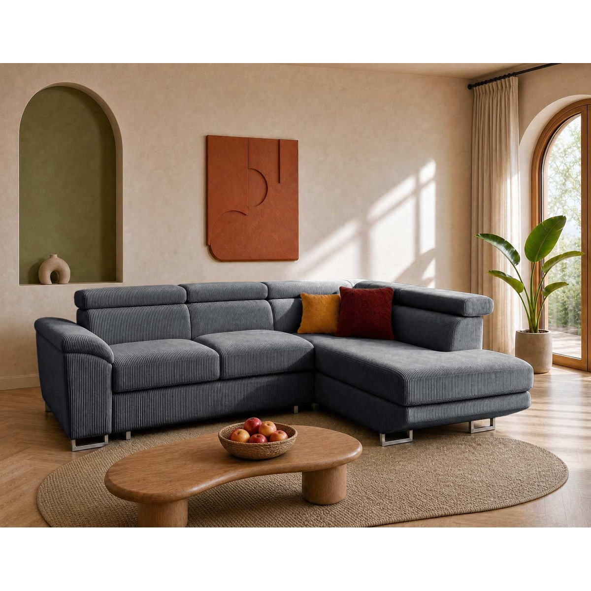 Canapé d'angle droit 5 places convertible, BAOJI gris, BEST MOBILIER