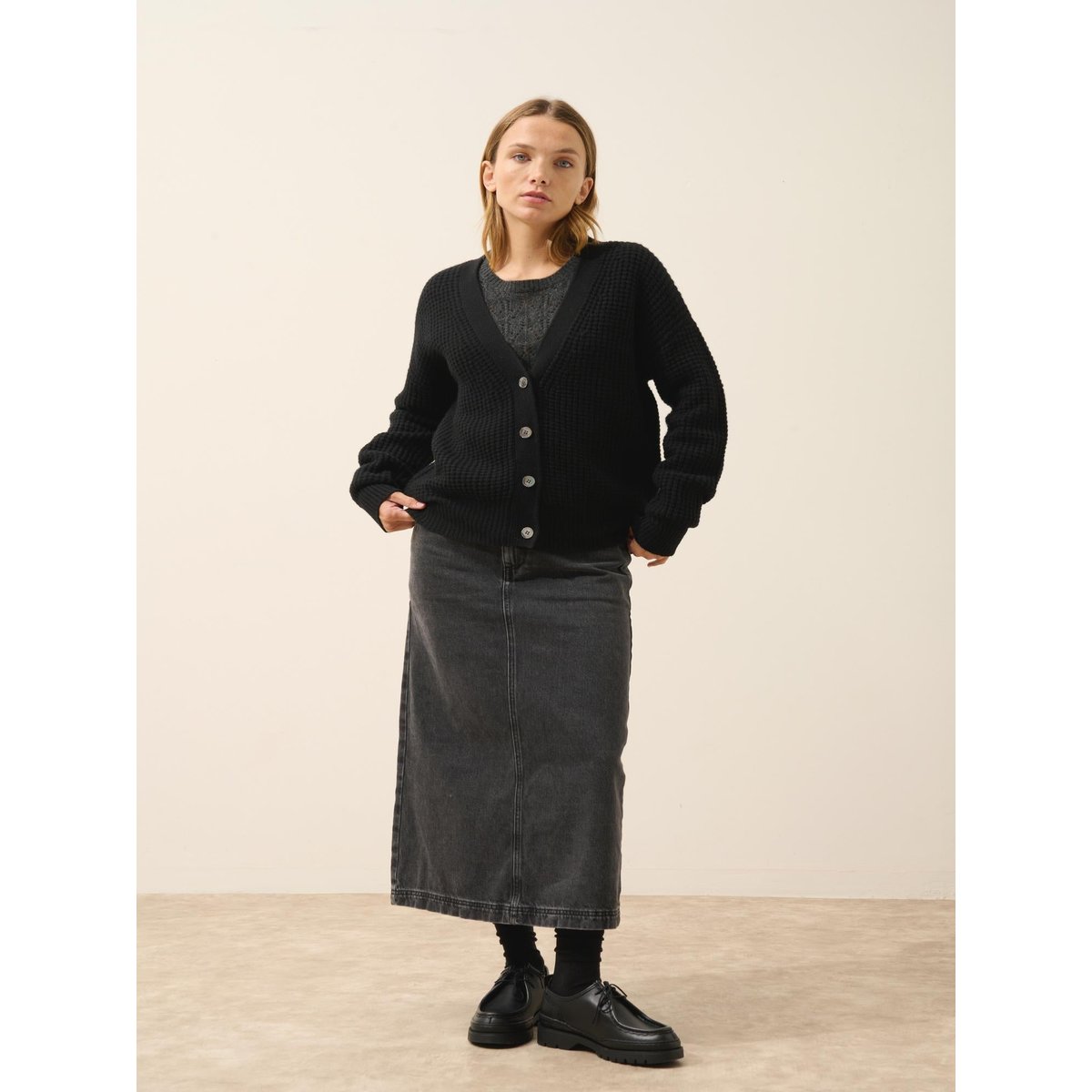 Cardigan Col V 6 Fils Noir Clara noir, JUST CASHMERE