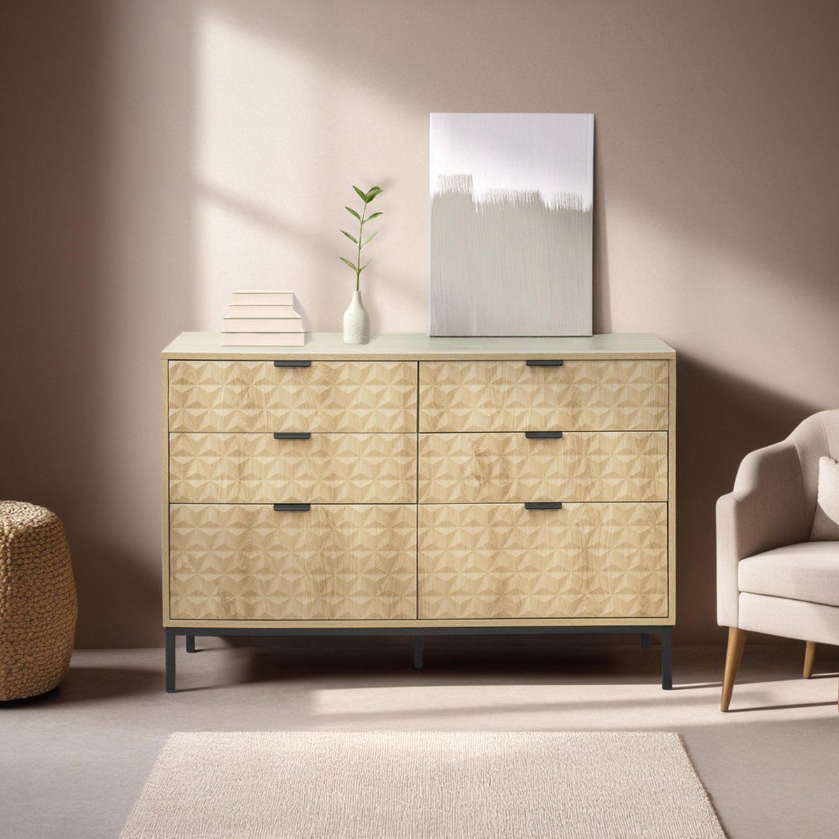 Commode à 6 tiroirs en MDF décor mélaminé 112 cm, DAVE bois clair, OVIALA