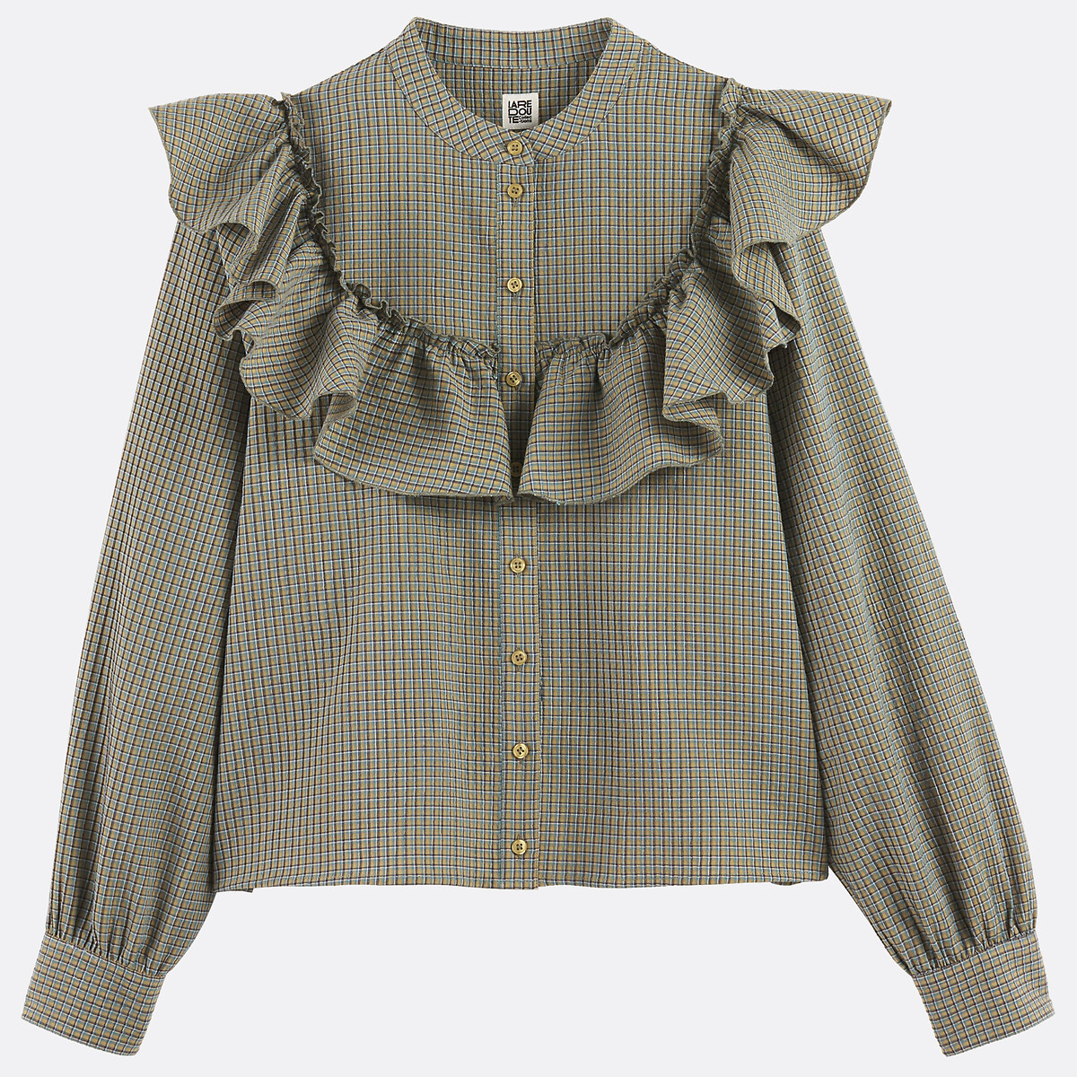 Chemise col rond à carreaux et volant  carreaux vert/marine, LA REDOUTE COLLECTIONS