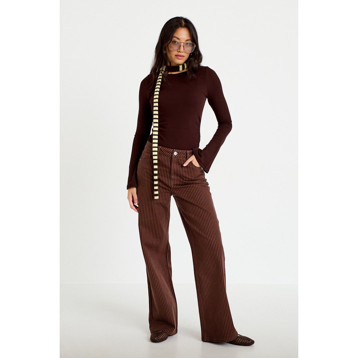 Jean wide leg rayé taille haute marron, CACHE CACHE