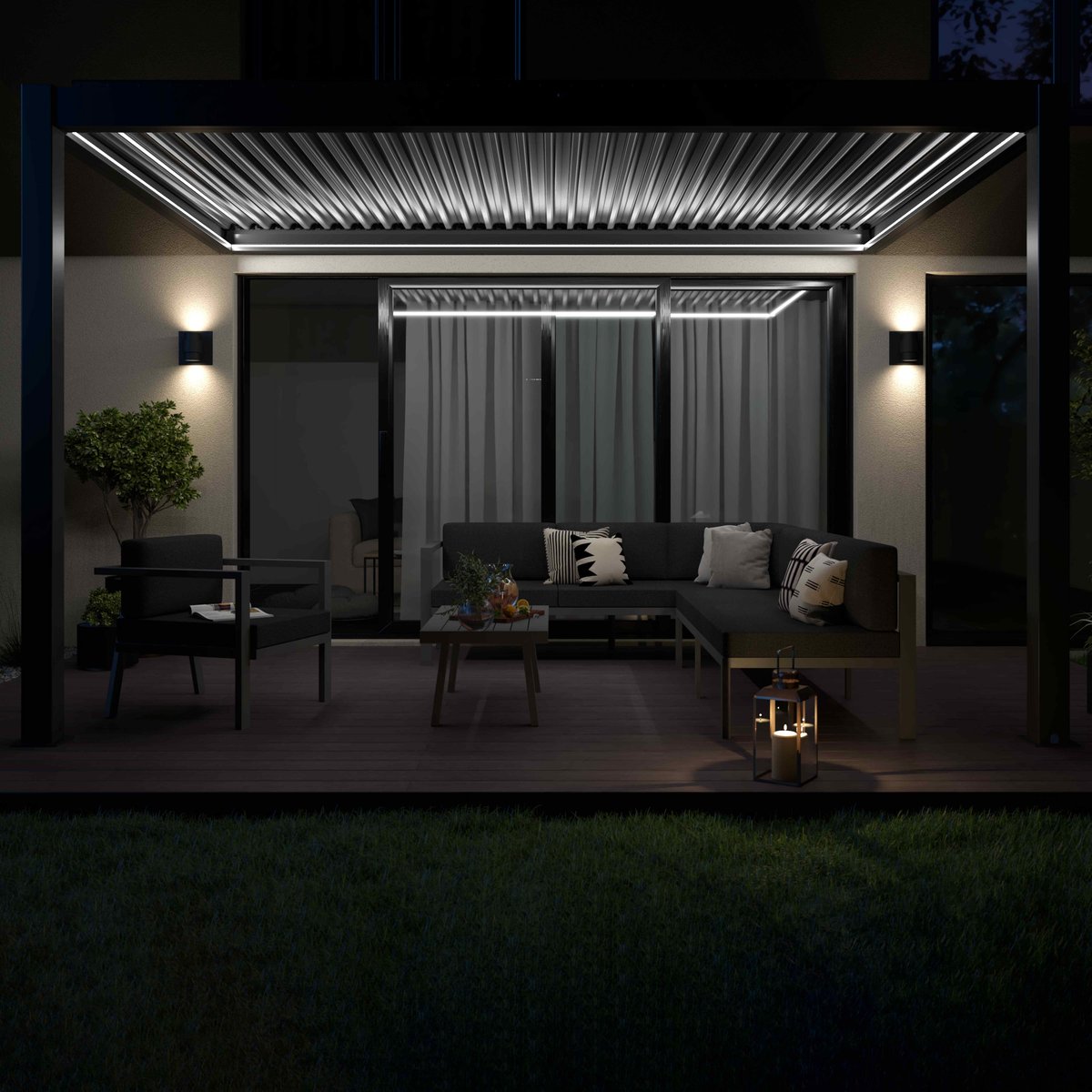 Pergola bioclimatique adossée et motorisée 3 x 4 x 2,5m gris gris, OVIALA