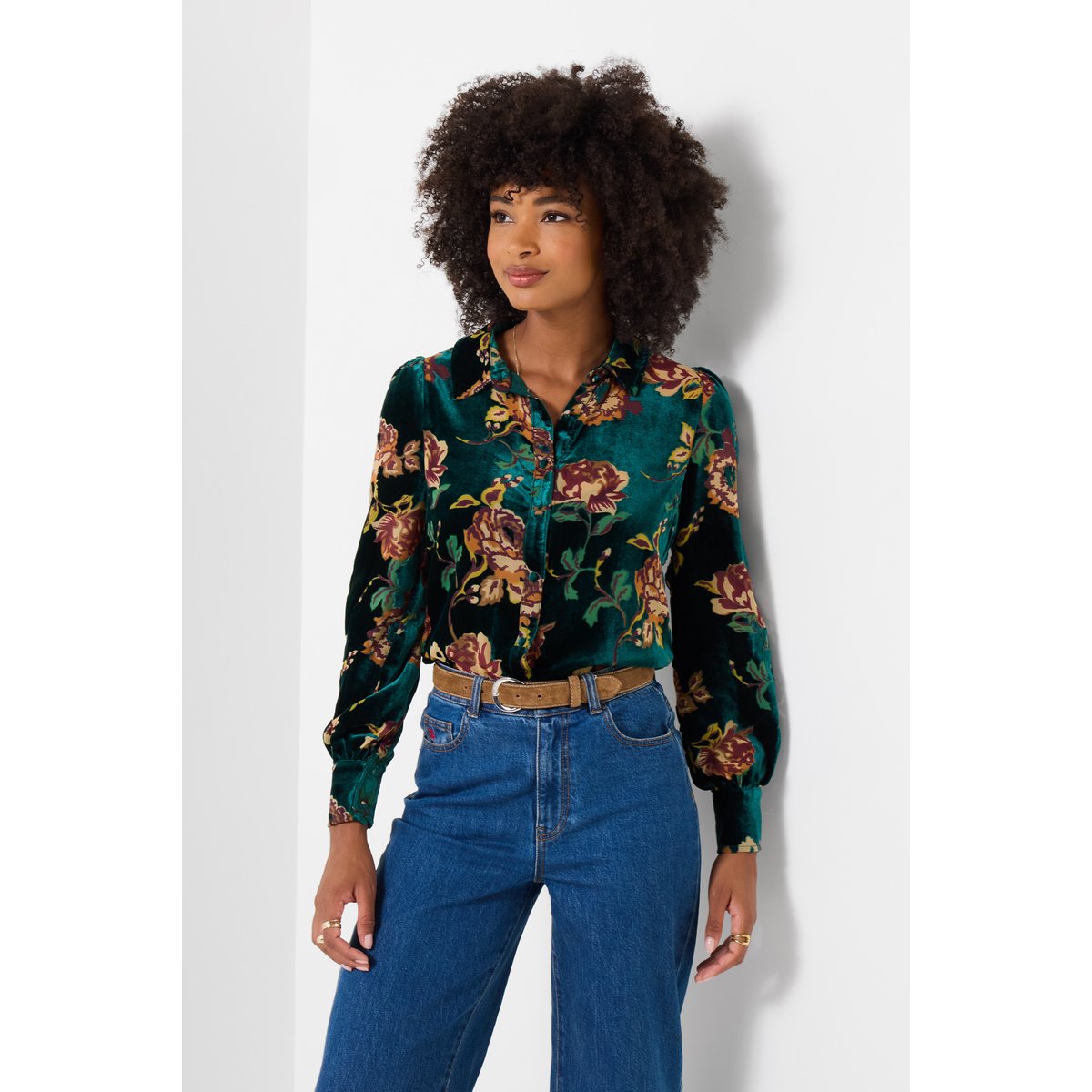 Blouse à Col en Velours Dévoré Fleuri vert, JOE BROWNS