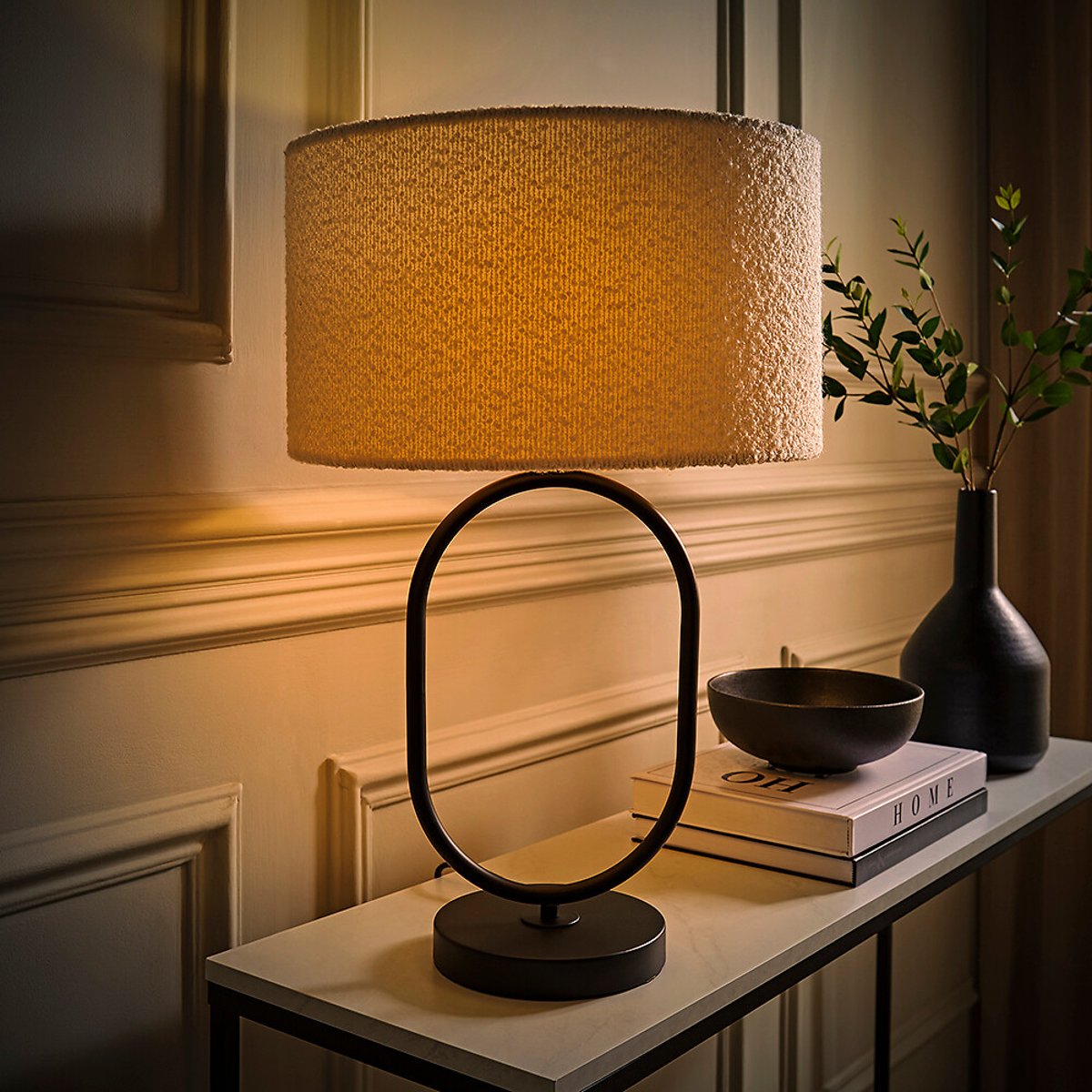 Aubrey Matte Black Oval Table Lamp with Boucle Drum Shade black, SO'HOME