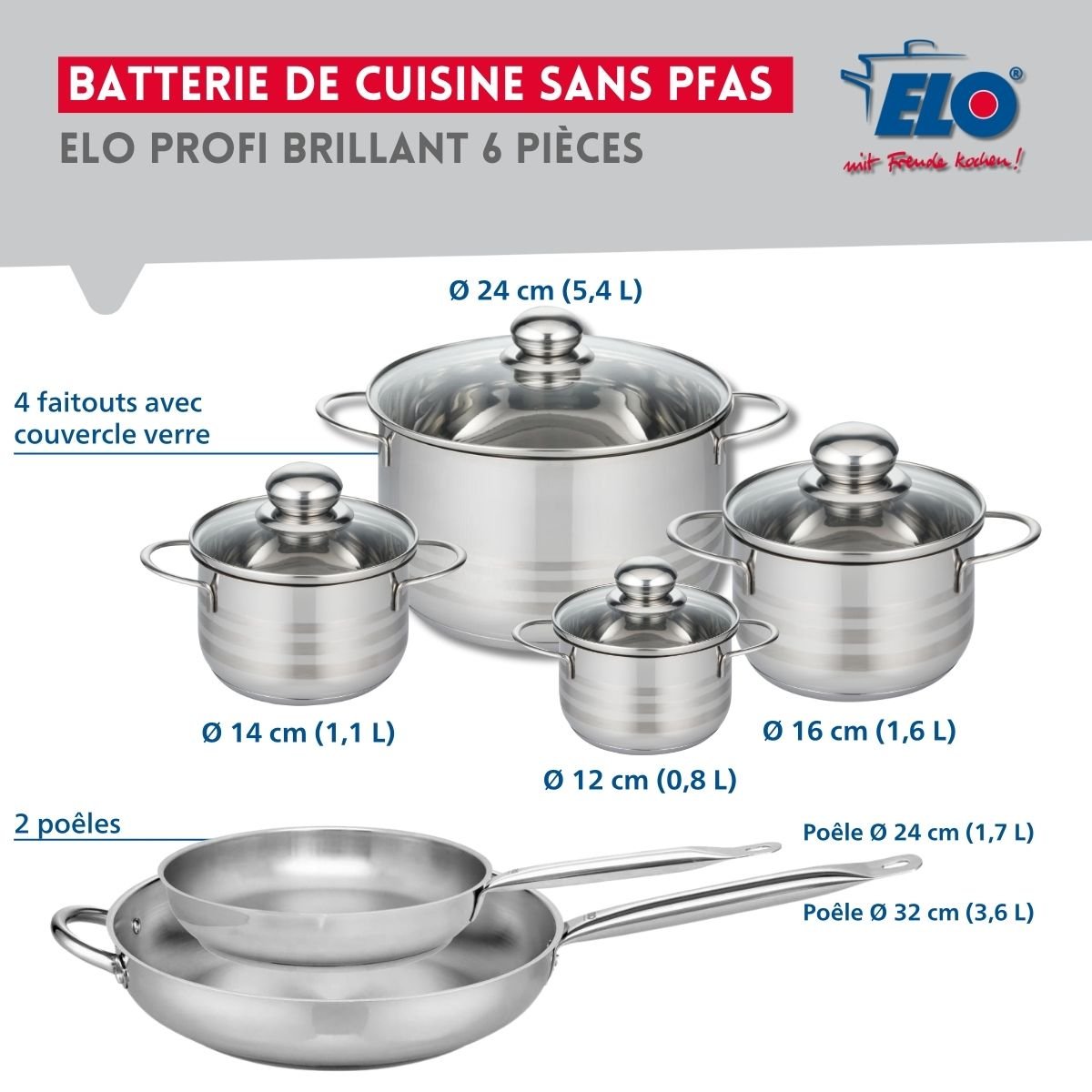 2 poêles 24/32cm + 4 faitouts 12/14/16/24cm PROFI BRILLANT gris, ELO