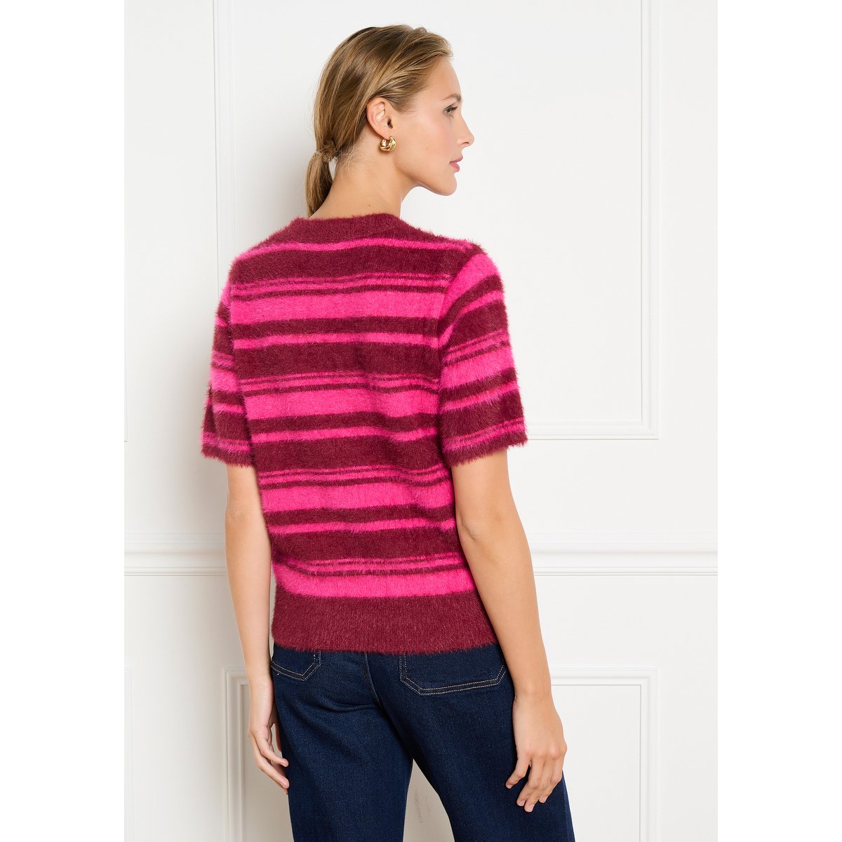 Pull doux rayé à manches courtes bordeaux wine, LOLALIZA