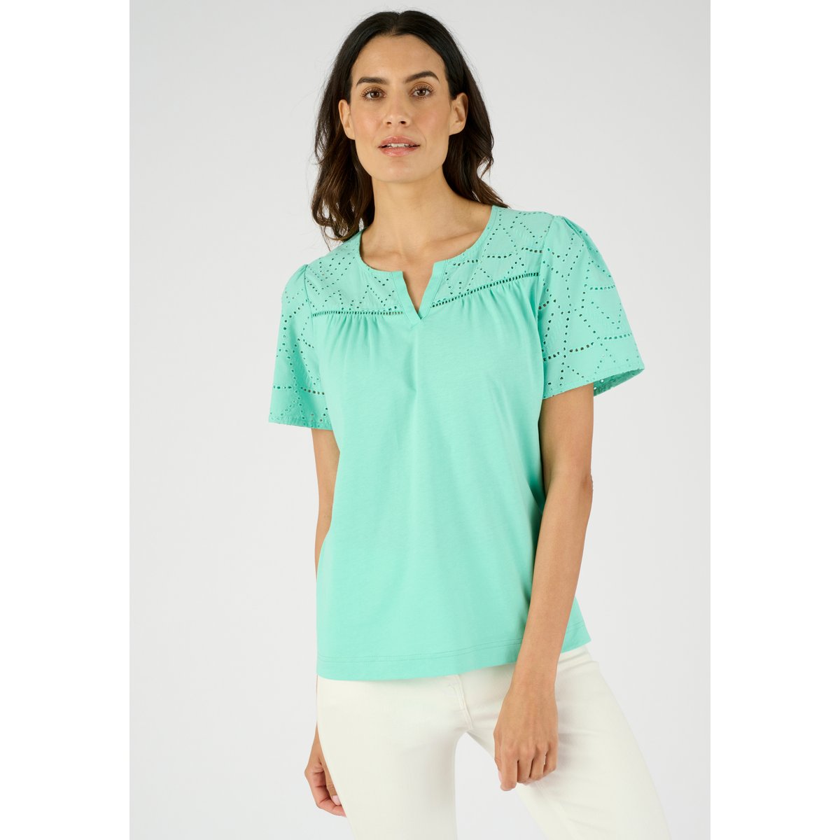 T-shirt broderie anglaise pur coton bleu vert d'eau, DAMART