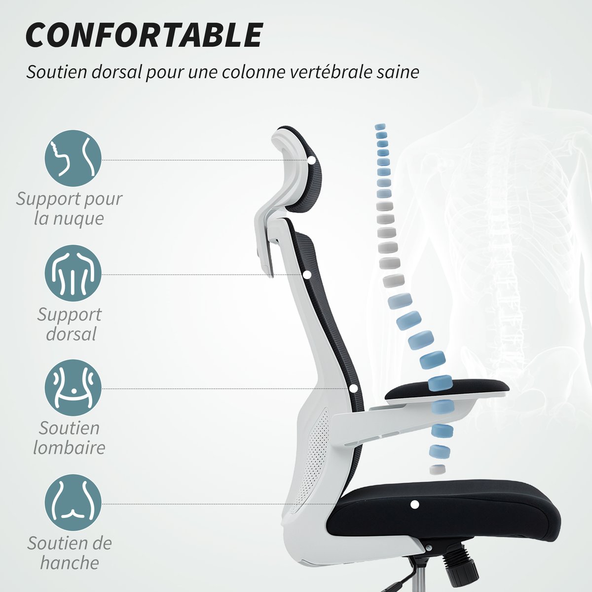Chaise de bureau Polyester Noir noir et blanc, HOMCOM
