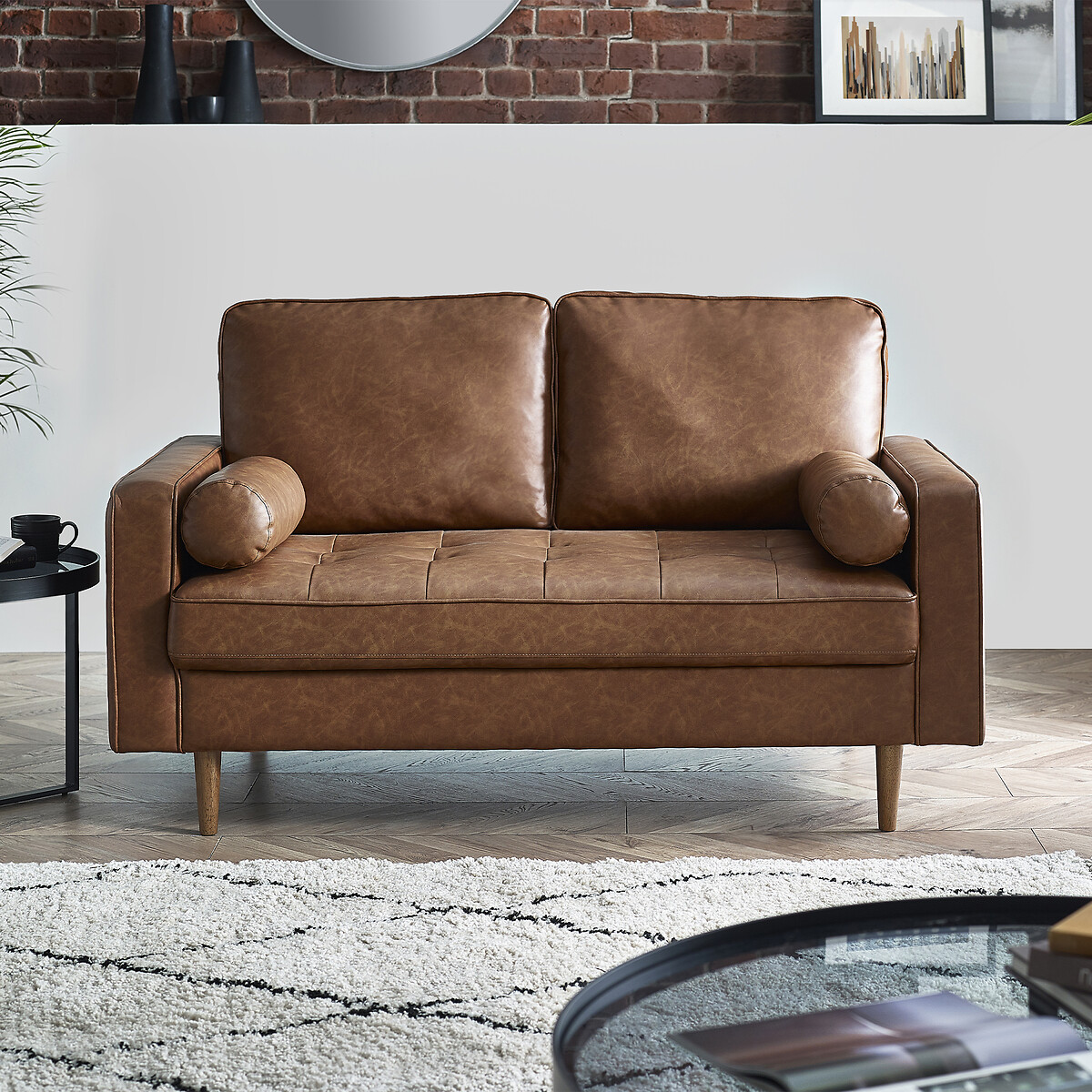 Hadley Mid-Century Faux Leather 2 Seater Sofa walnut, SO'HOME