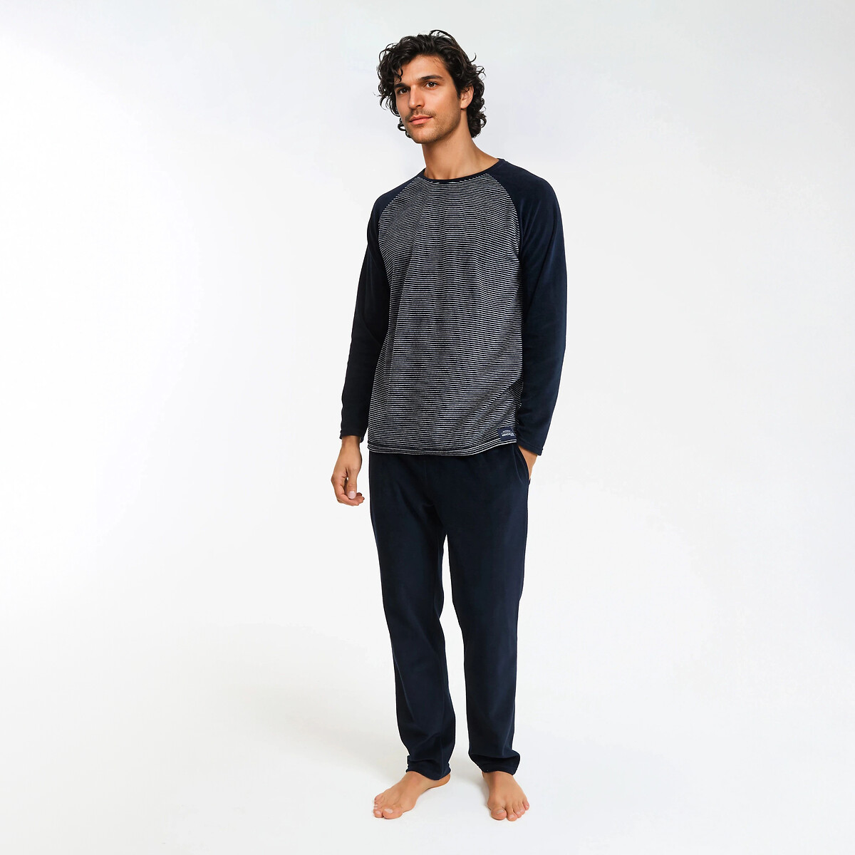 Pyjama en velours bleu marine rayé blanc, LA REDOUTE COLLECTIONS