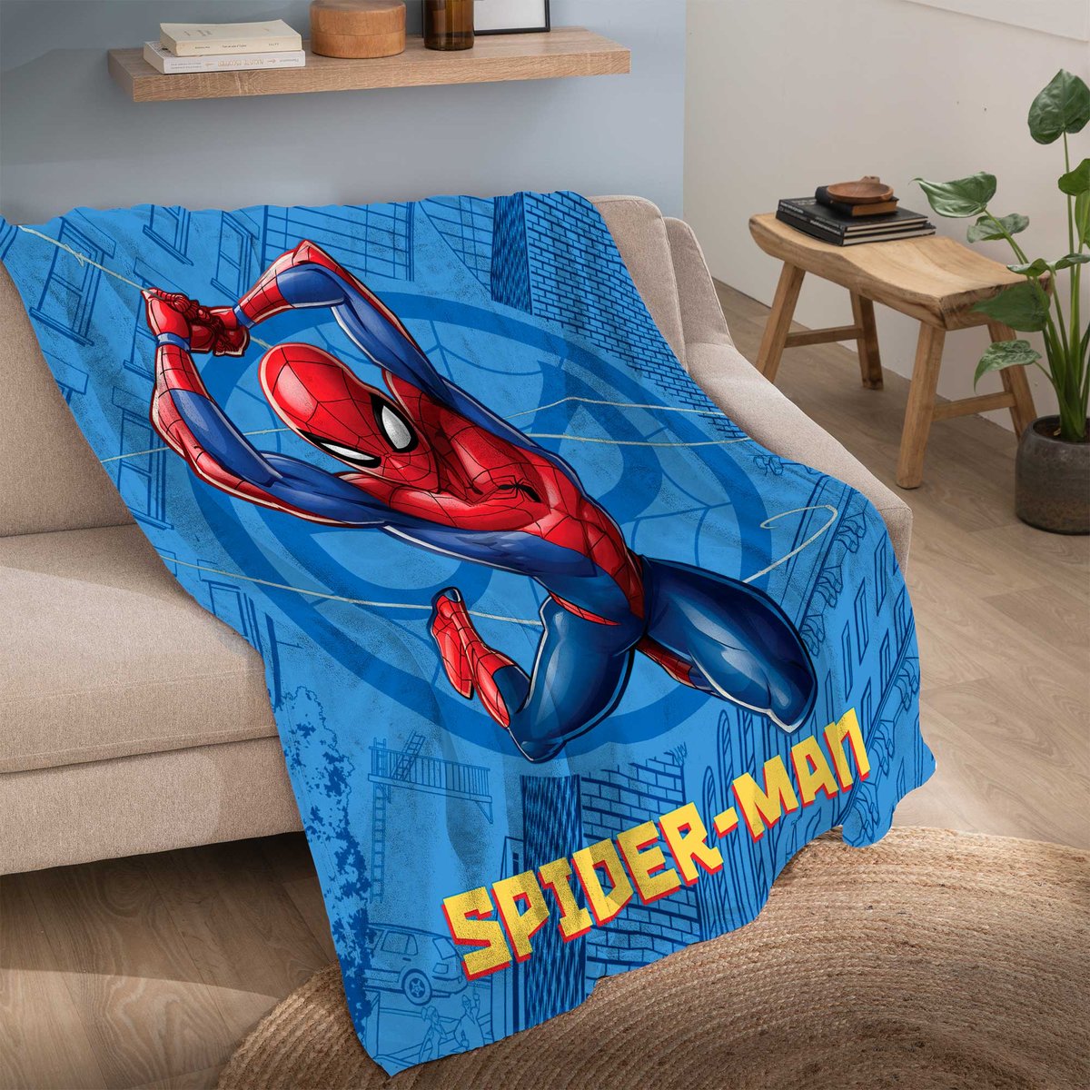 Plaid polaire imprimé 100% polyester, ACTION bleu, SPIDER-MAN