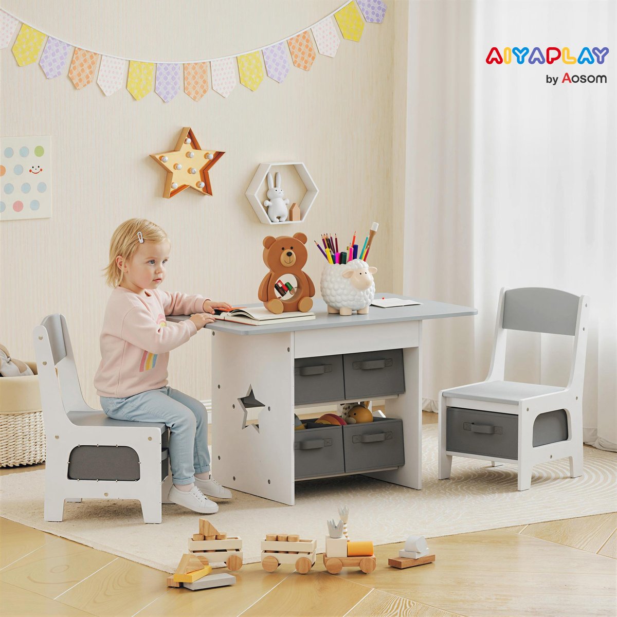 Ensemble table et chaises pour enfants MDF gris clair, gris foncé, blanc, AIYAPLAY