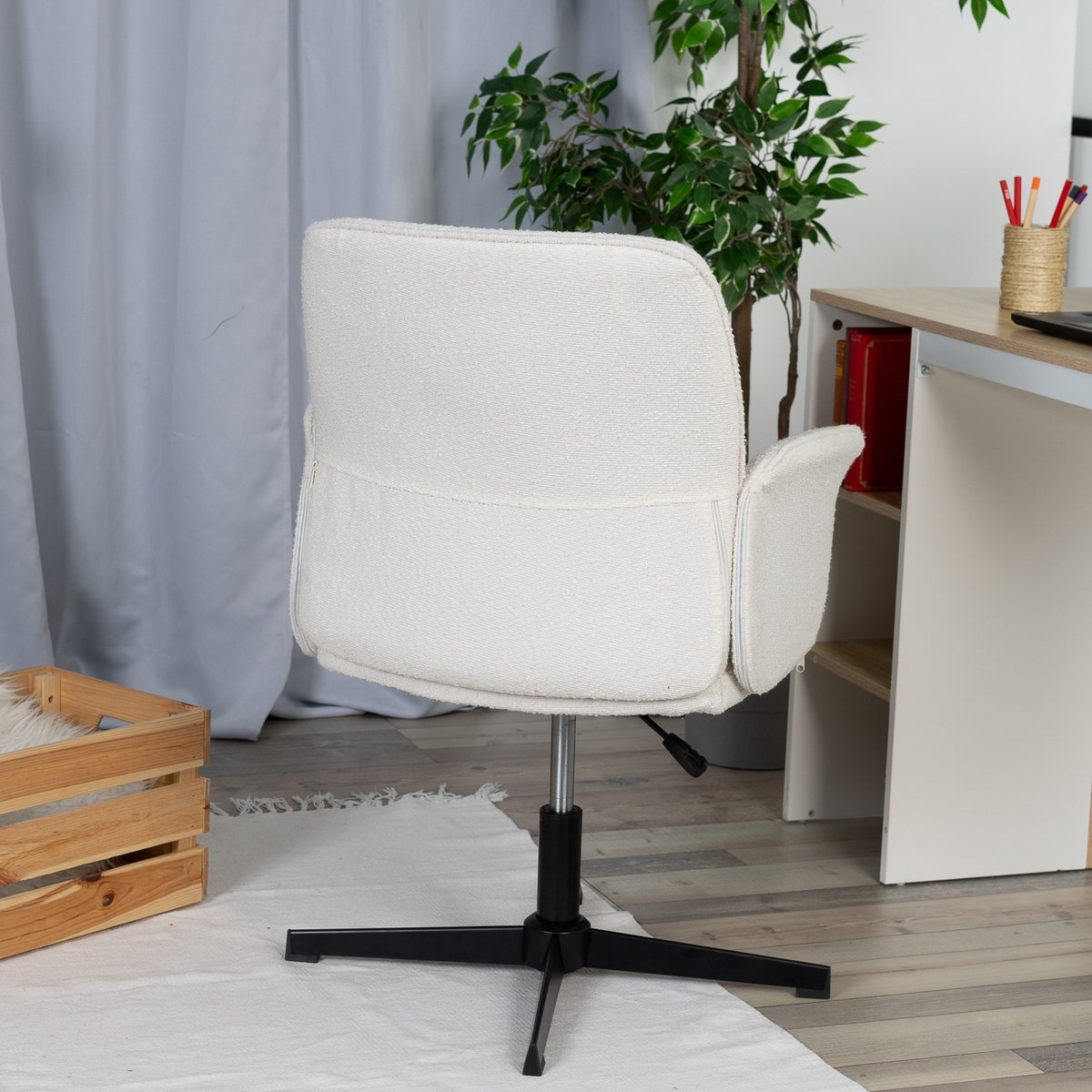 Chaise de bureau rotatif réglable en hauteur en bouclette, THOMASINAOFFICE crème, MEUBLES COSY
