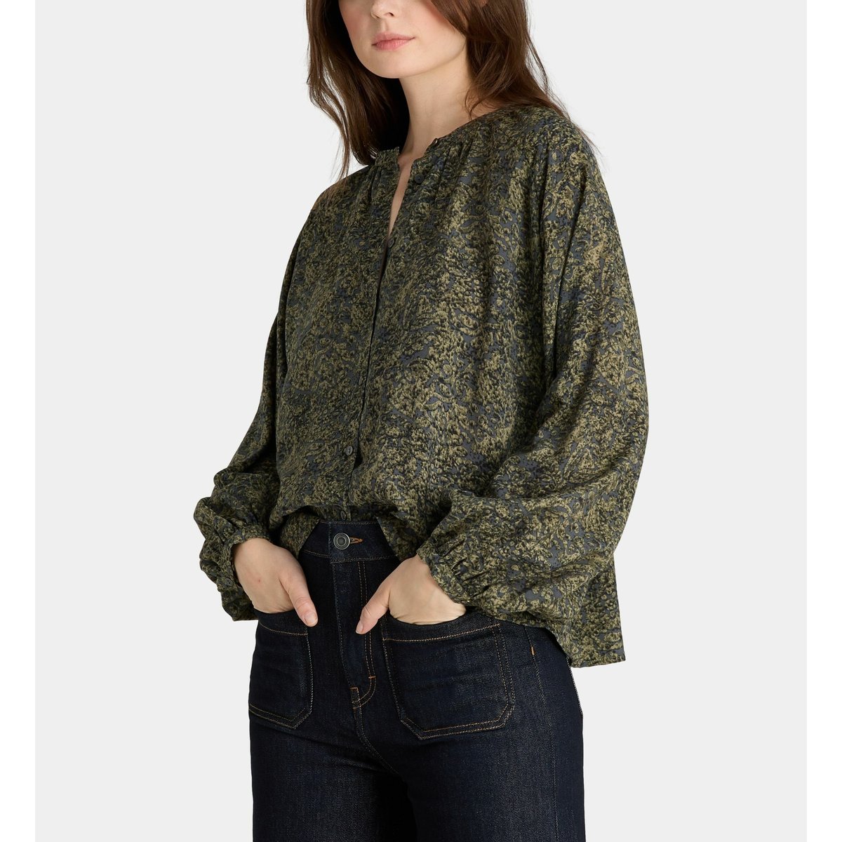 Top ample à manches longues en viscose kaki, GALERIES LAFAYETTE