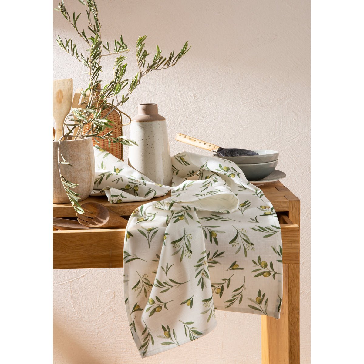 Torchon imprimé en coton et lin OLIVES vert, COUCKE