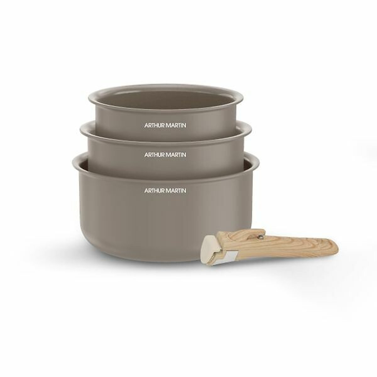 Set de 3 casseroles avec poignée amovible taupe, ARTHUR MARTIN
