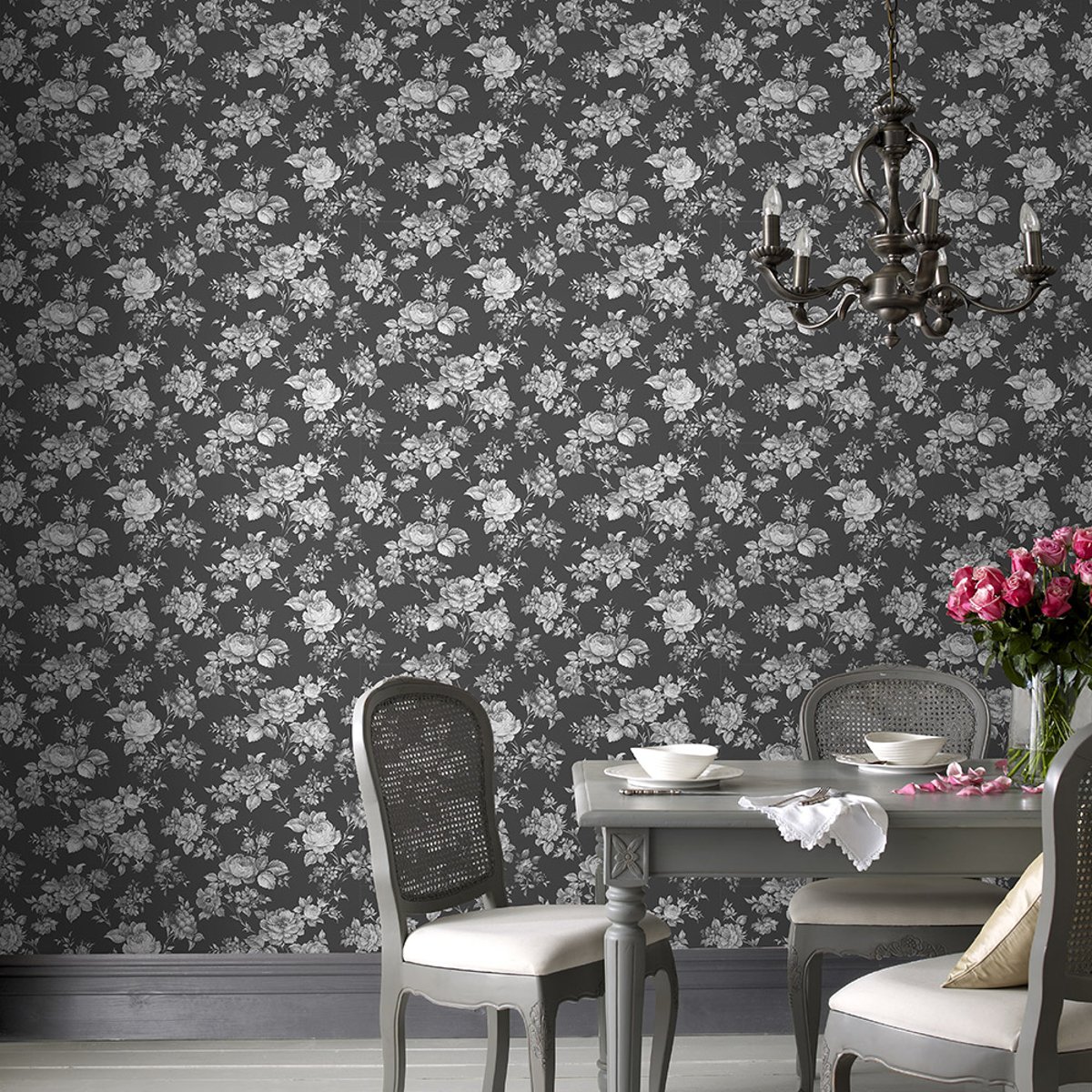 Papier peint Muse fleurs noir, gris, GRAHAM ET BROWN