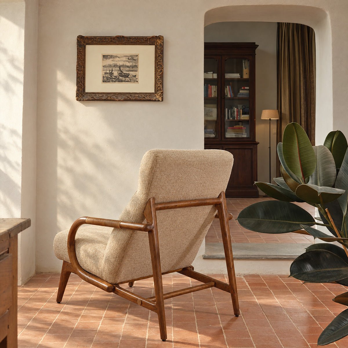 Fauteuil en mindi massif et tissu texturé GABIN beige chiné, BERAH GETAH