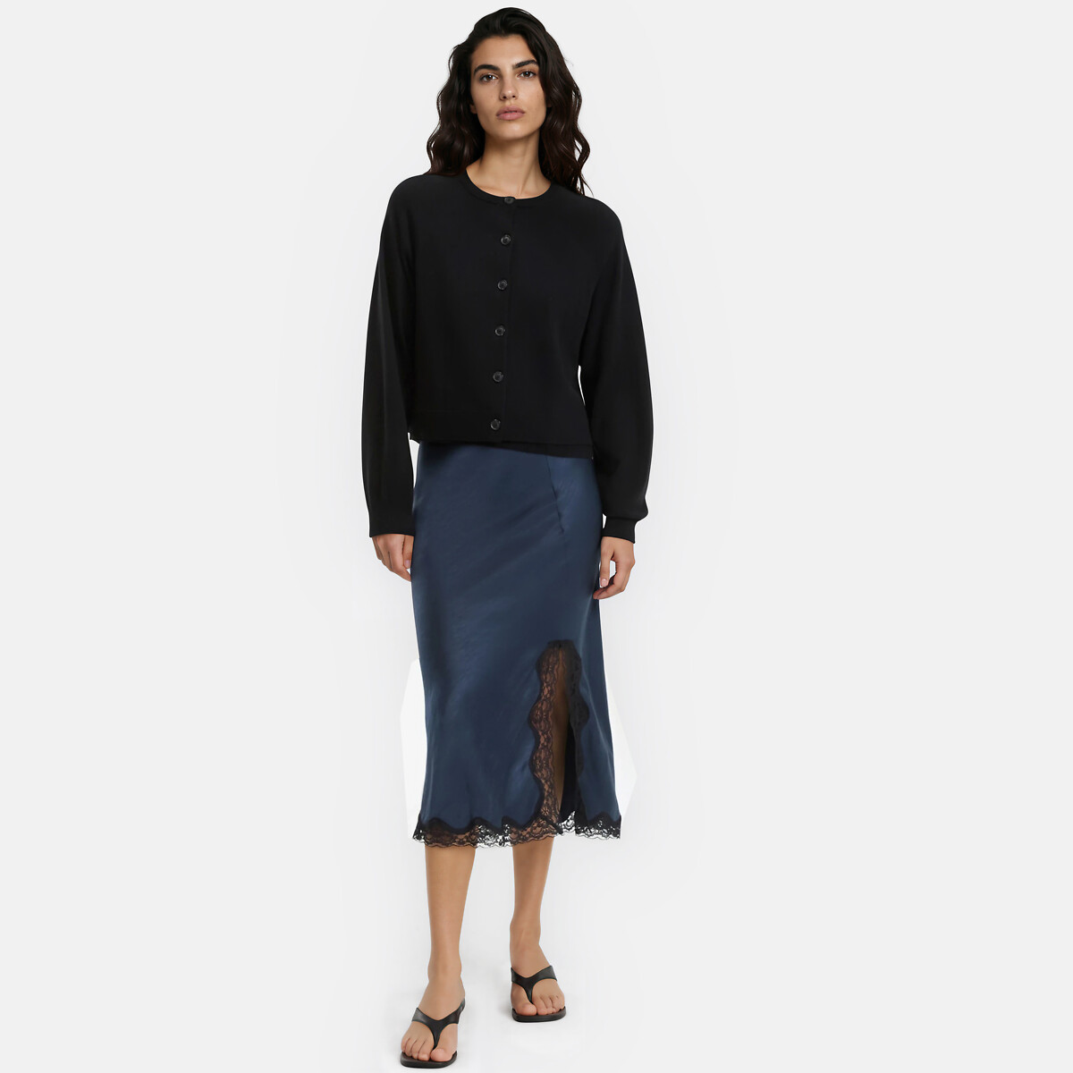 Cardigan a girocollo in maglia fine in 100% lana nero , LA REDOUTE COLLECTIONS