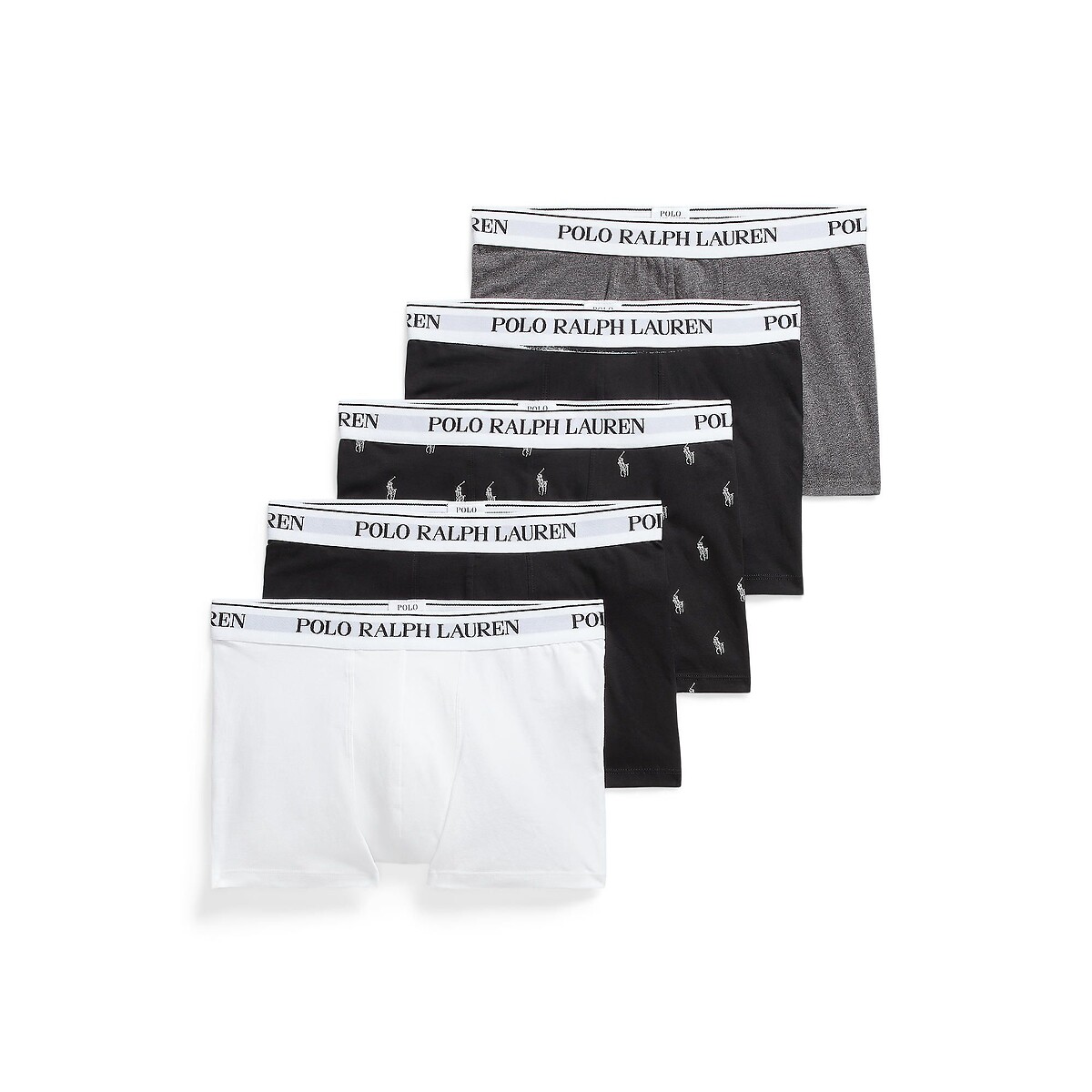 Lote de 5 cuecas boxer clássicas em algodão stretch preto + cinzento + branco + estampado, POLO RALPH LAUREN