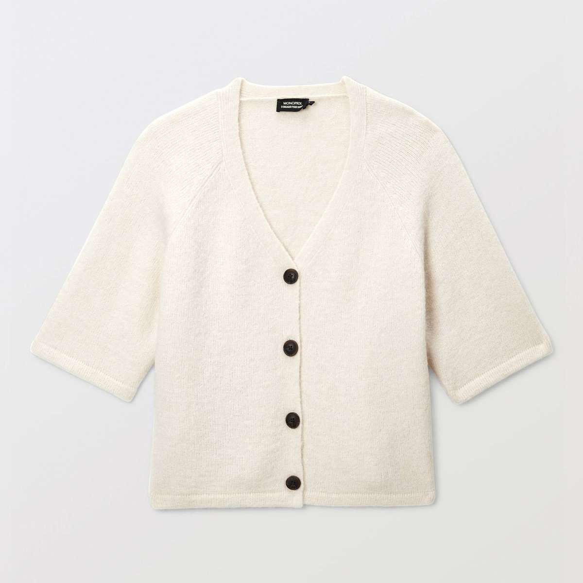 Cardigan manches coudes boutonné contenant de l'alpaga enduit, MONOPRIX