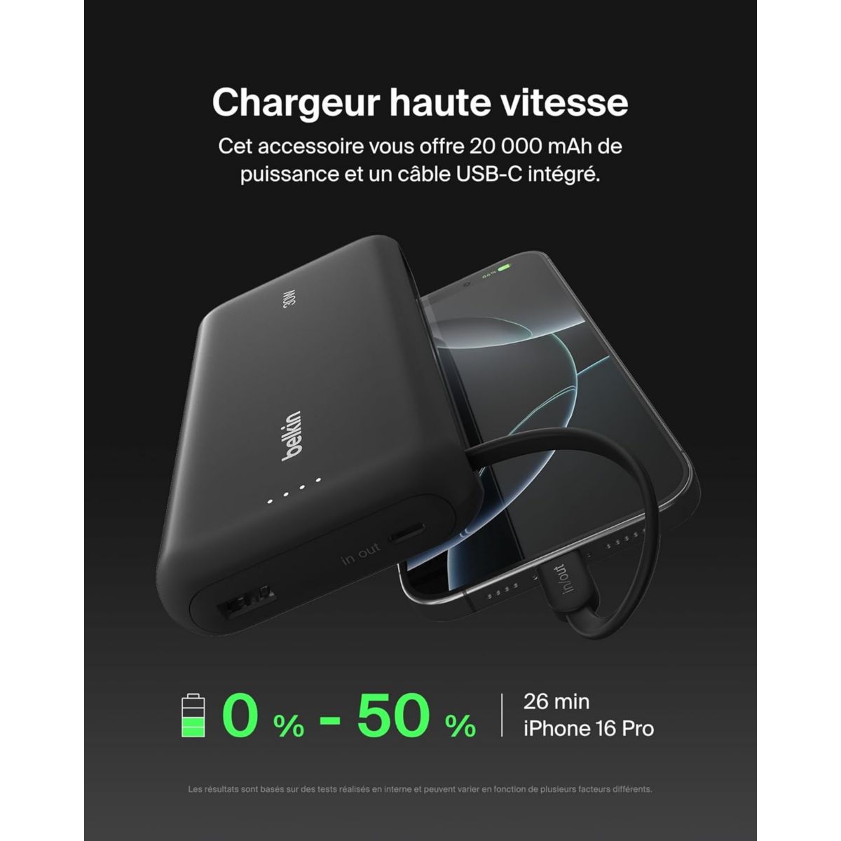 Batterie externe 20000 mAh avec cable USB-C intégre noir couleur unique, BELKIN
