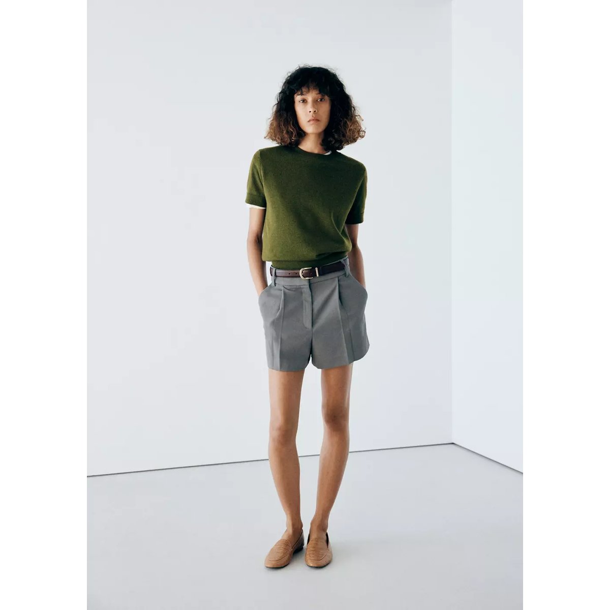 Pull en maille à manches courtes vert, MANGO
