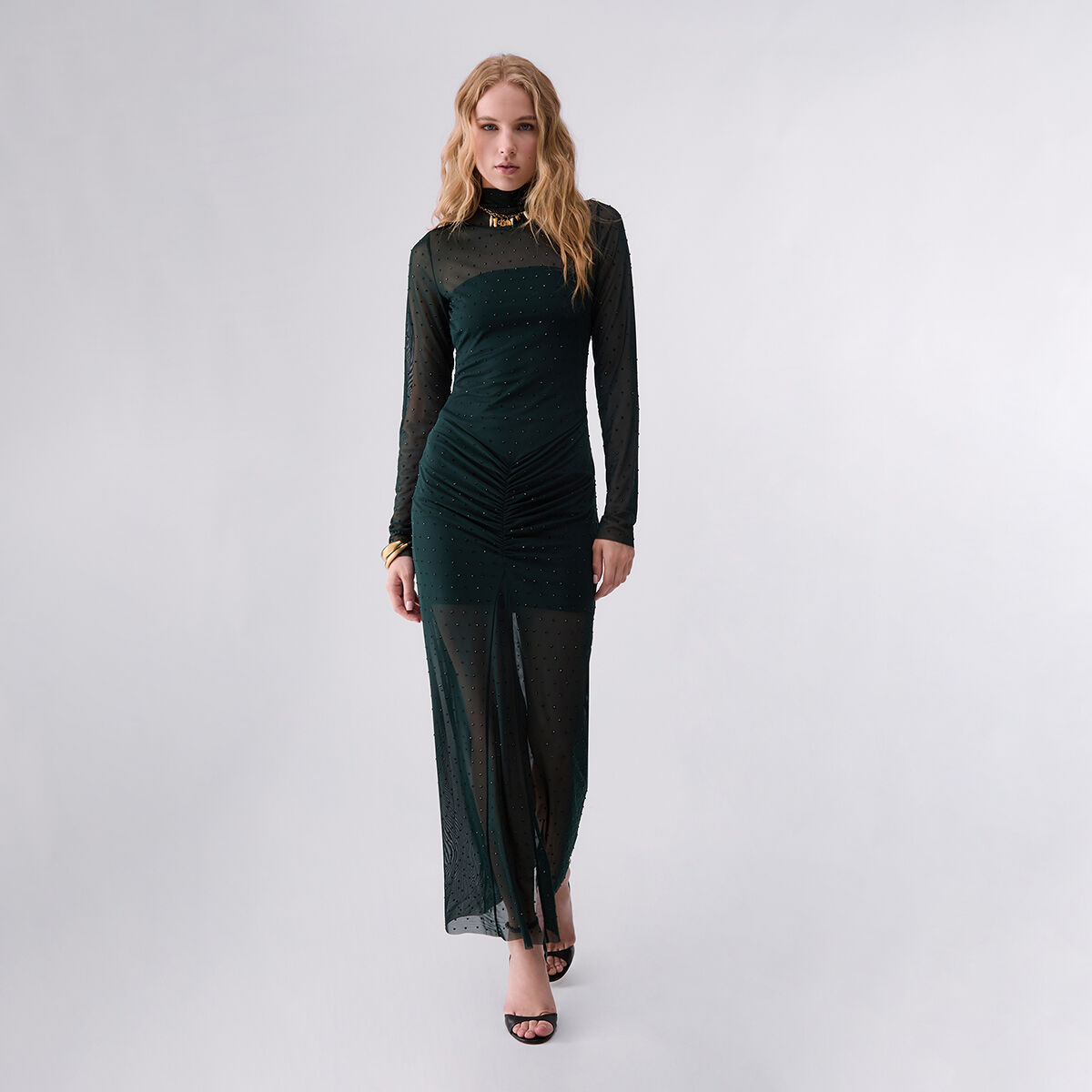 Robe longue en tulle avec strass vert foncé, LIU JO