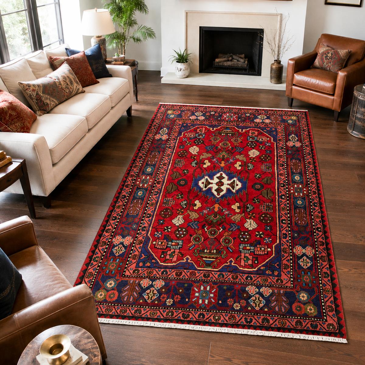 Tapis d'orient aux motifs orientaux, noué main, HAMADAN 18 rouge, beige, bleu, UN AMOUR DE TAPIS