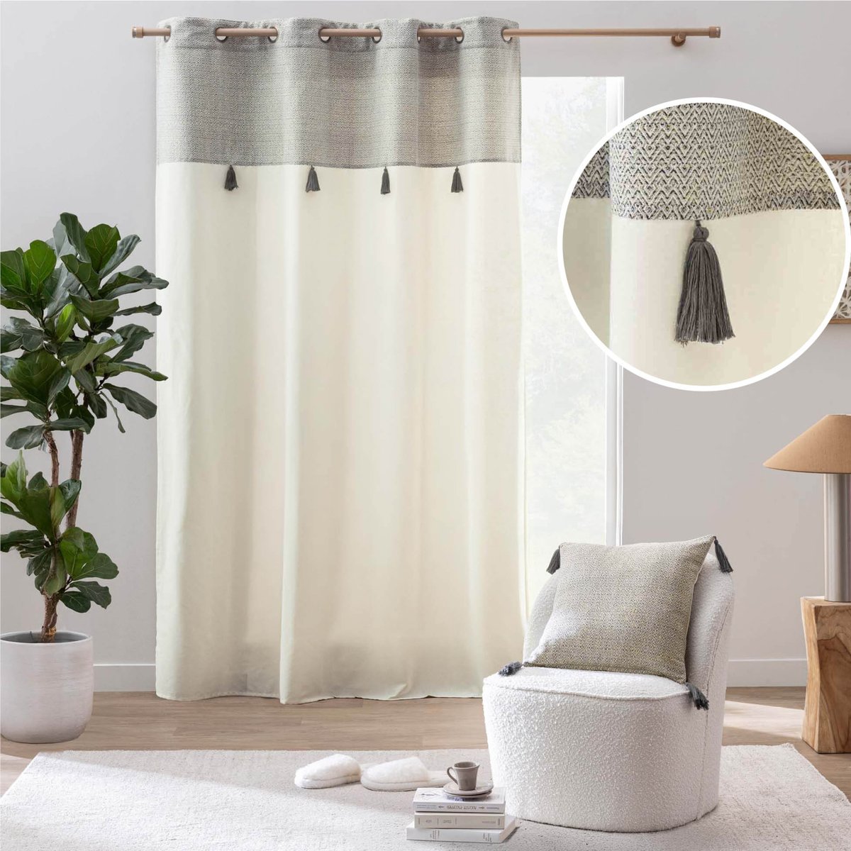 Rideau à œillets polycoton top métallisé texturé avec pompons naturel, DOUCEUR D'INTÉRIEUR