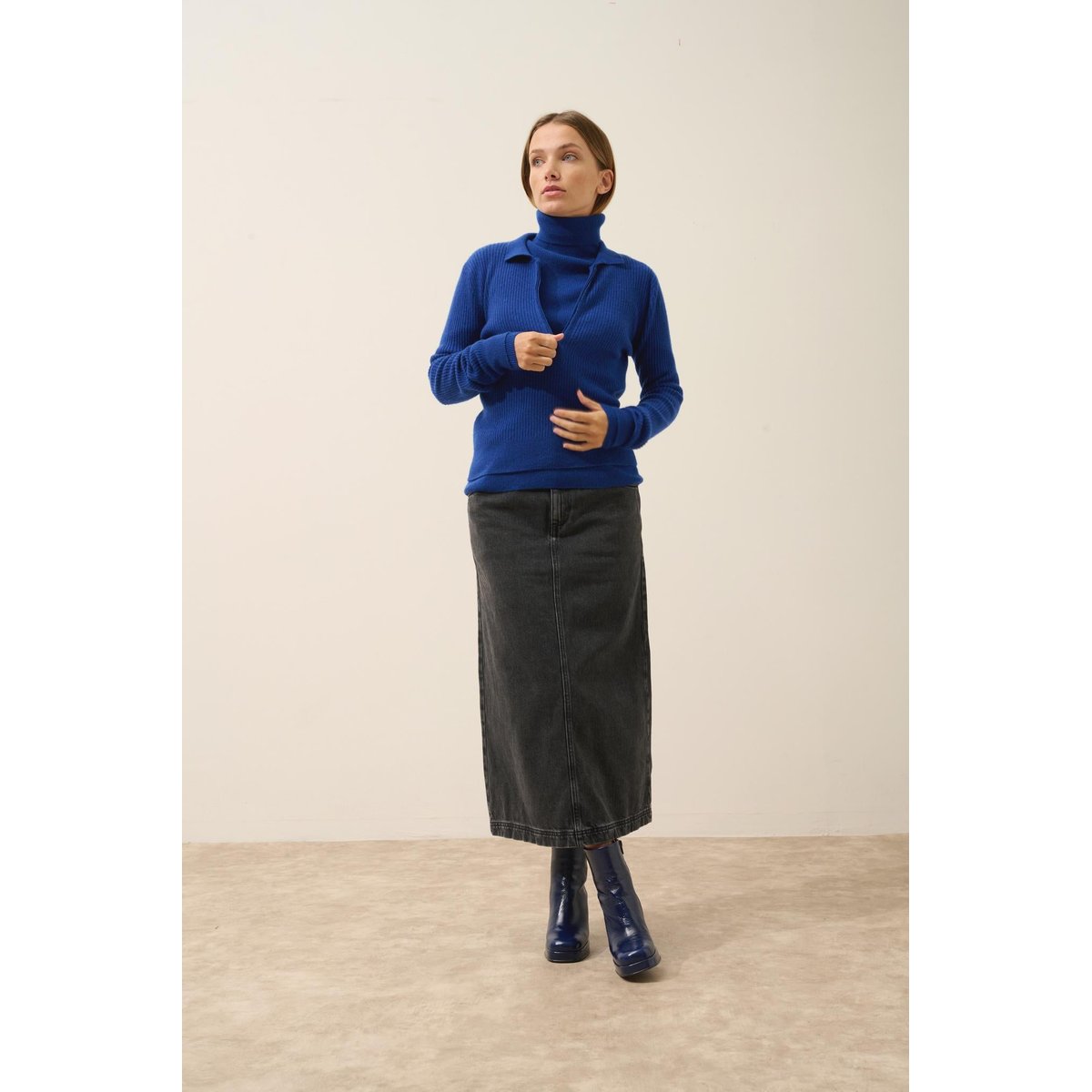 Pull Col Roulé Outremer Lanais bleu foncé, JUST CASHMERE