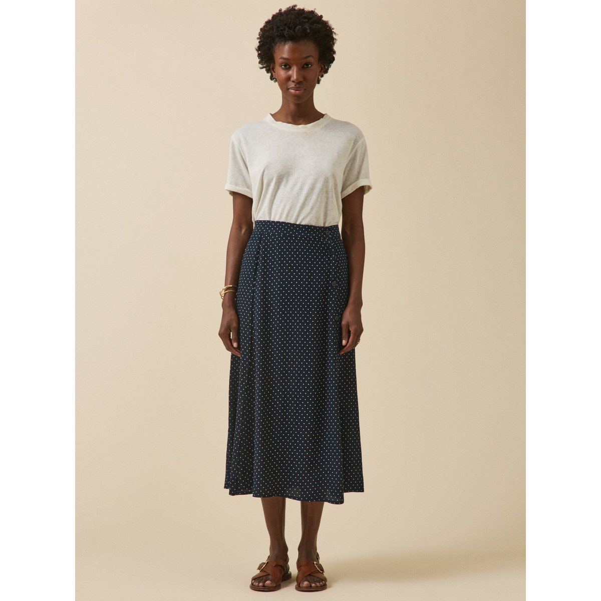 Jupe mi-longue viscose imprimé pois pois ecru fond encre, CYRILLUS