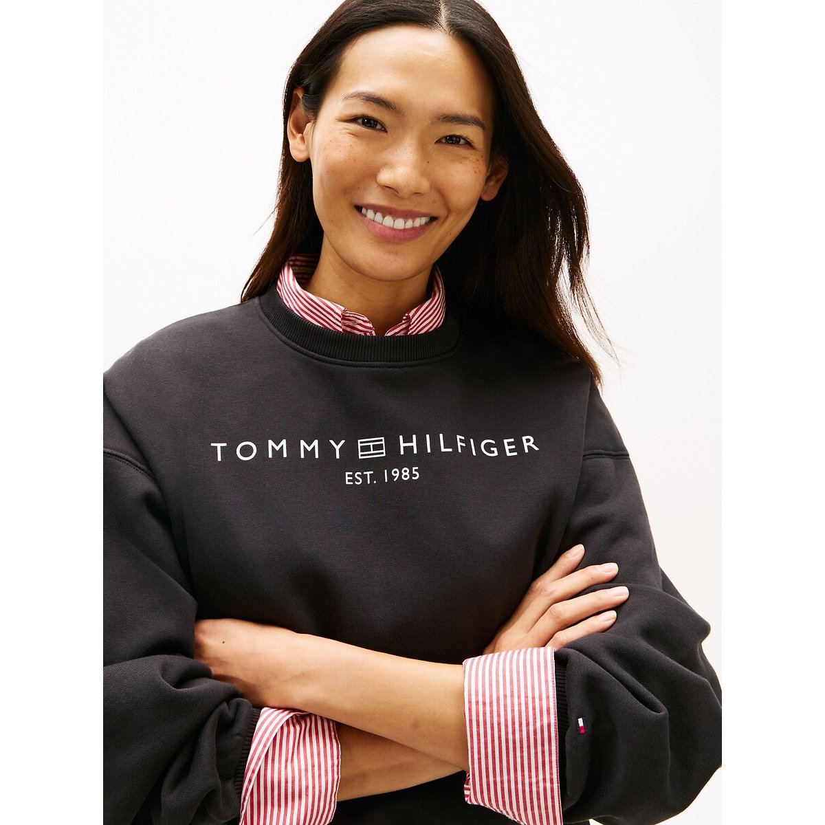 Sweat à col rond à manches longues avec logo noir, TOMMY HILFIGER