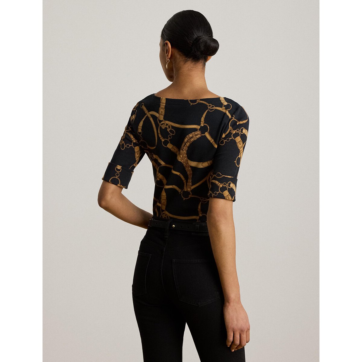 T-shirt manches courtes col bateau imprimé brides noir/marron, LAUREN RALPH LAUREN