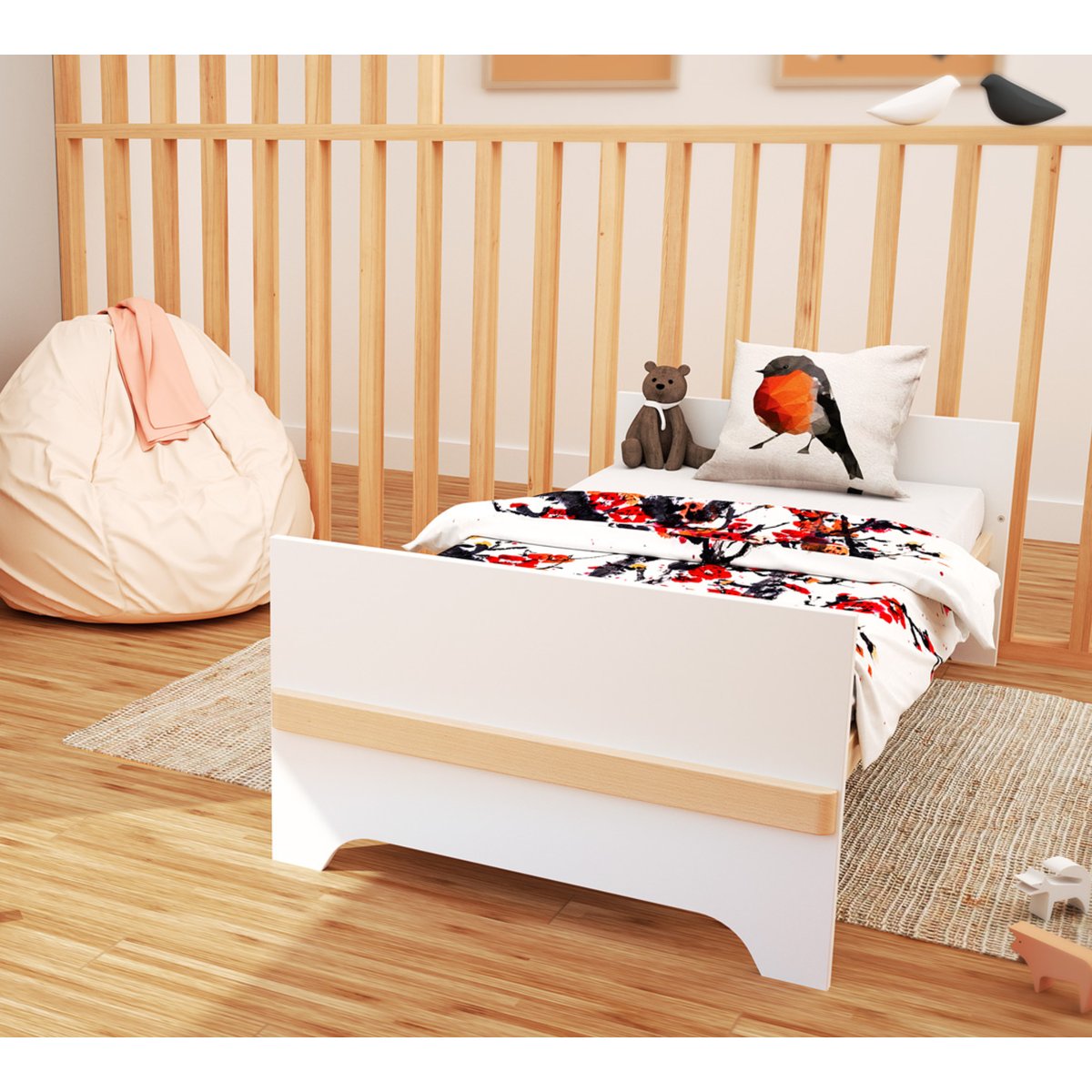 Lit bébé évolutif en bois CARROUSEL blanc et hêtre, JURABABY