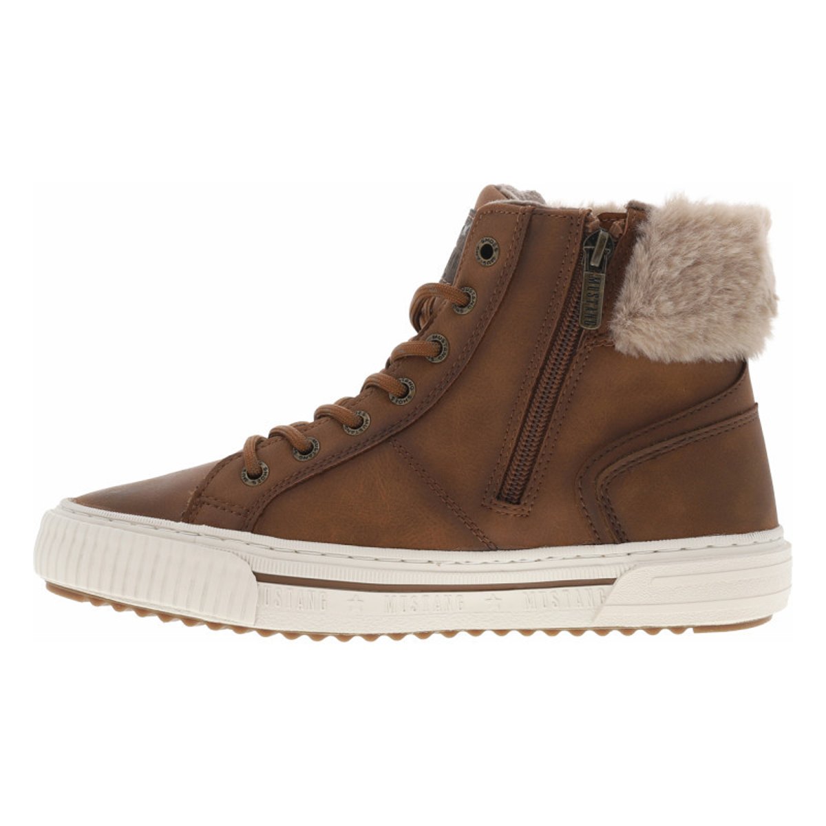Tennis cognac à talon plat avec un zip latéral et des lacets ronds cognac, MUSTANG