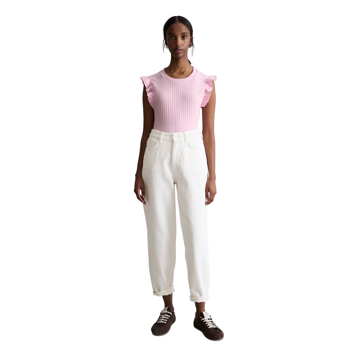 Top à volants sans manches regular en coton bio mélangé rose pale, MARC O’POLO DENIM
