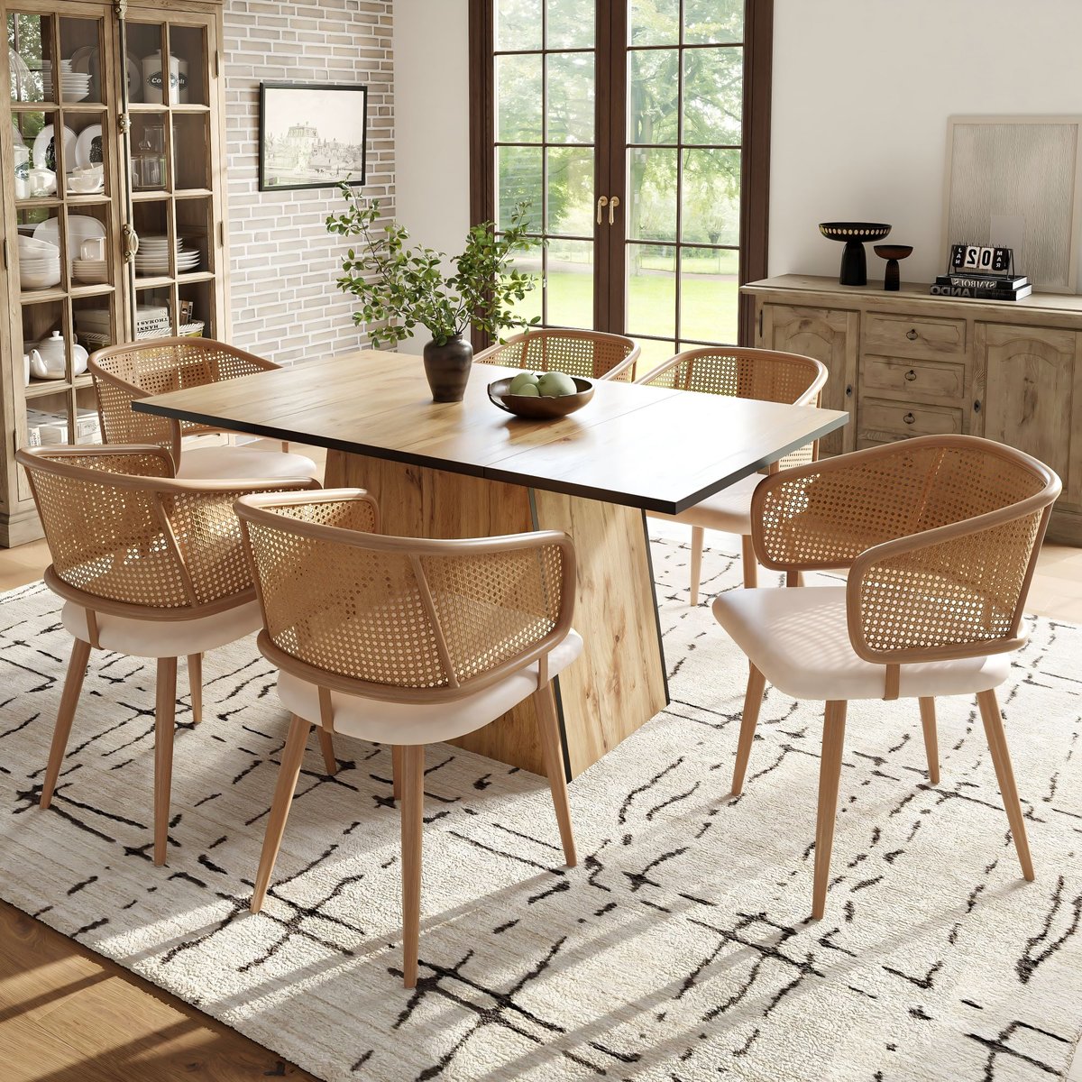 Lot de 6 chaises de salle à manger en velours avec dossier en rotin style moderne et confortable, DEWR beige, MEUBLES COSY