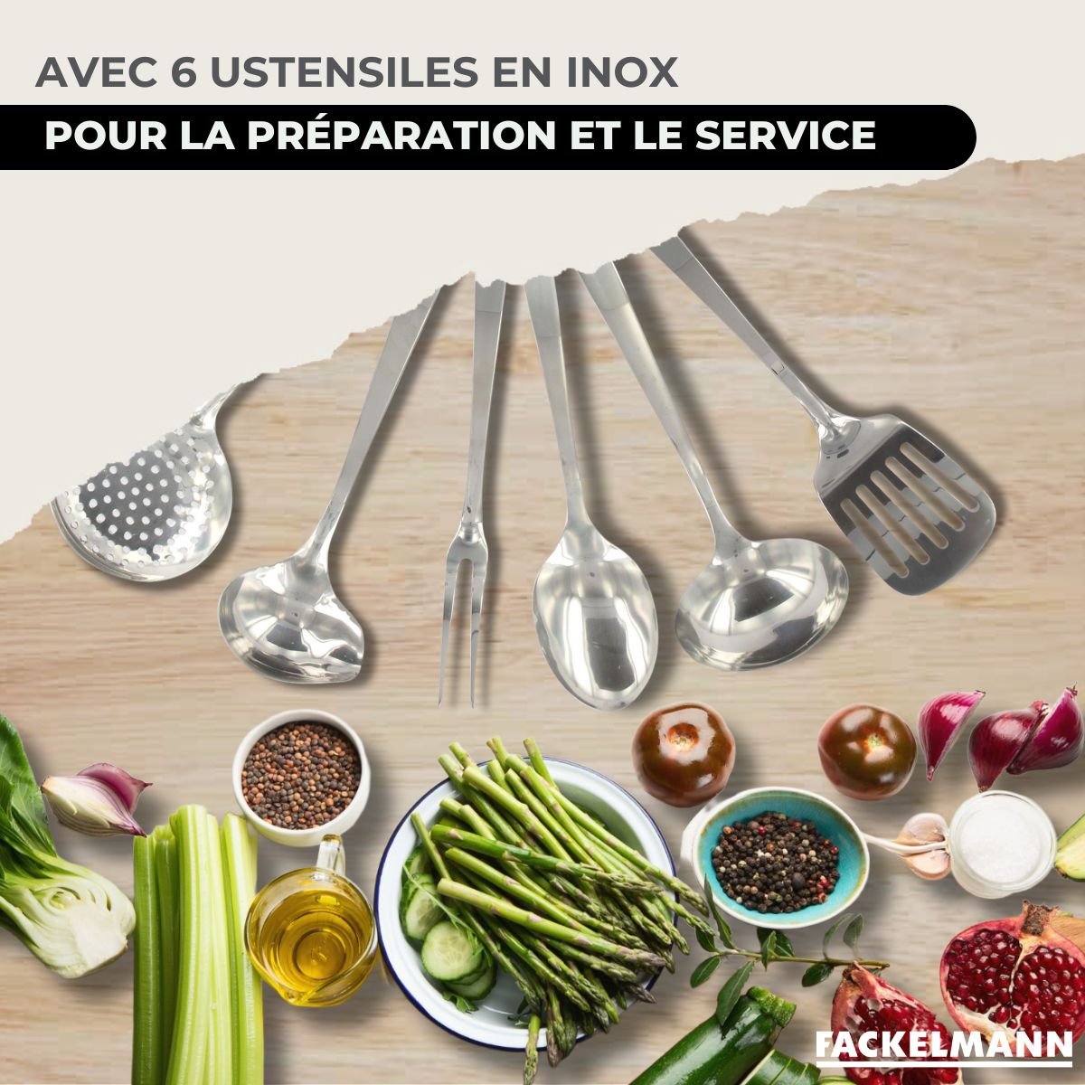 Set poêle 24 cm , couvercle verre et 6 ustensiles GENEVA inox|noir, FACKELMANN