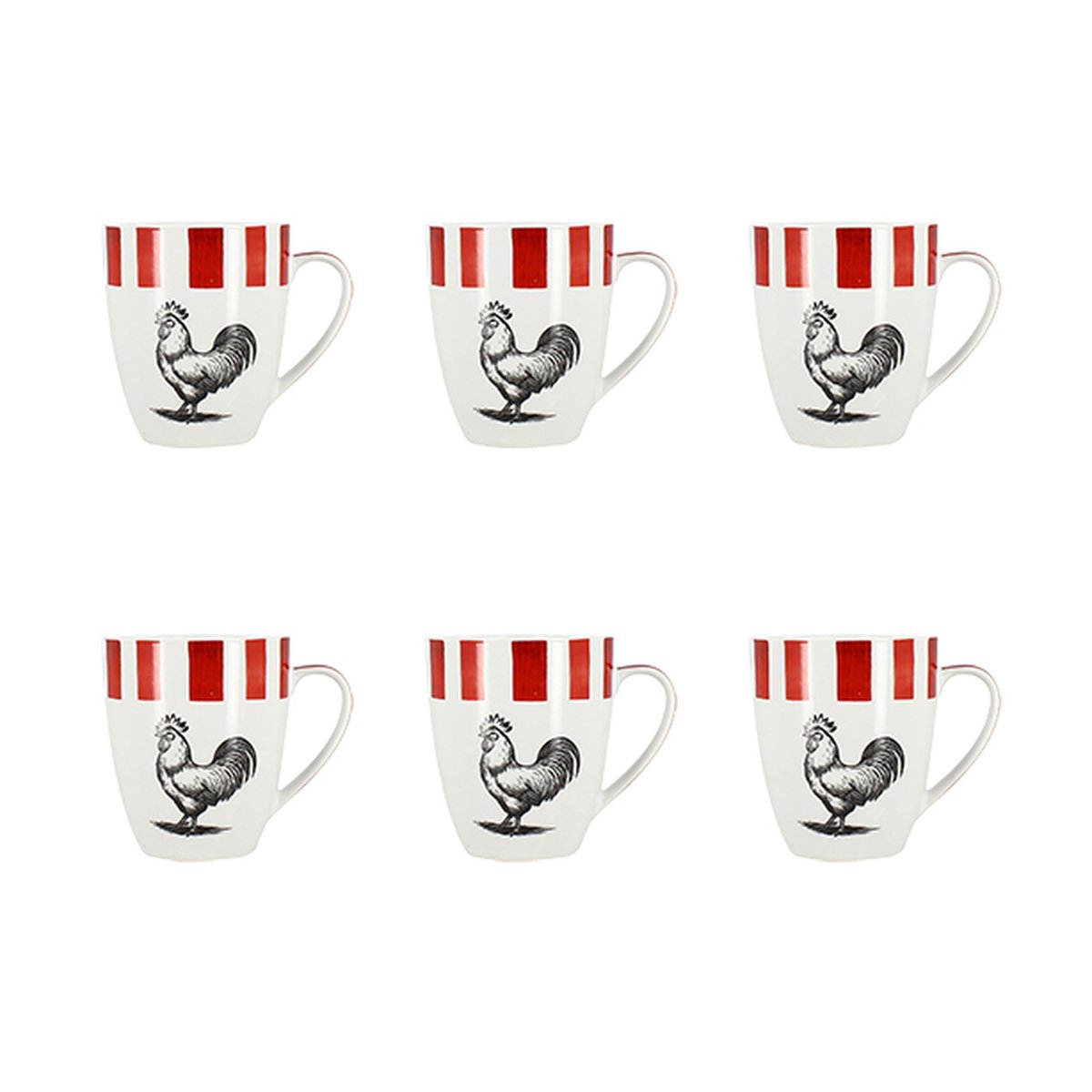 Lot de 6 mugs 35cl en porcelaine, COCORICO blanc-rouge, NOVASTYL